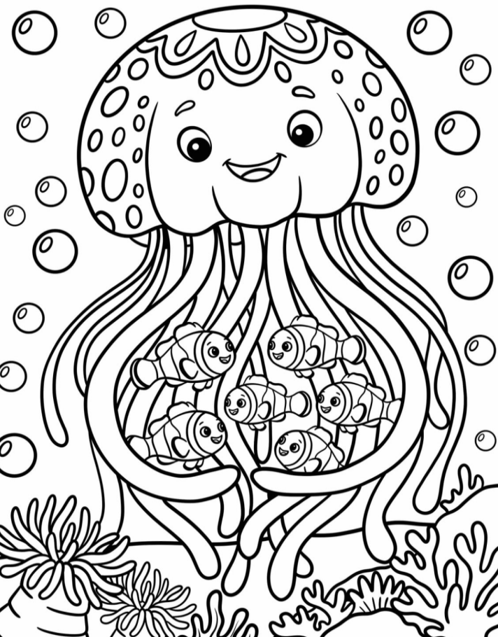 Большая медуза с маленькими рыбками для детей №20067. Раскраски животные (весь животный мир). Медузы.