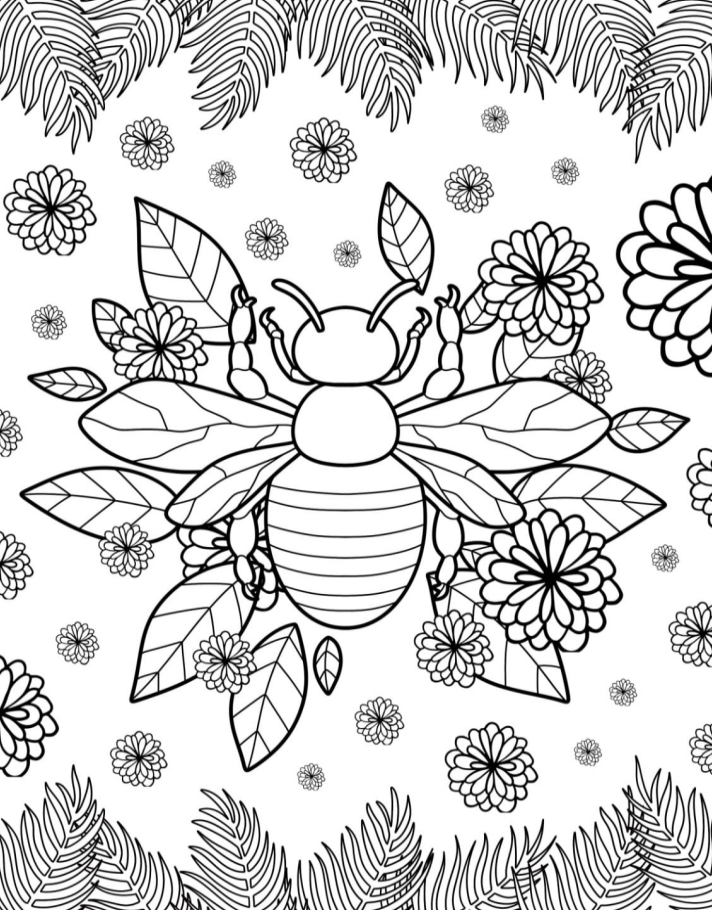Милая пчелка в окружении цветов для детей №19503. Раскраски животные (весь животный мир). Пчёлы.