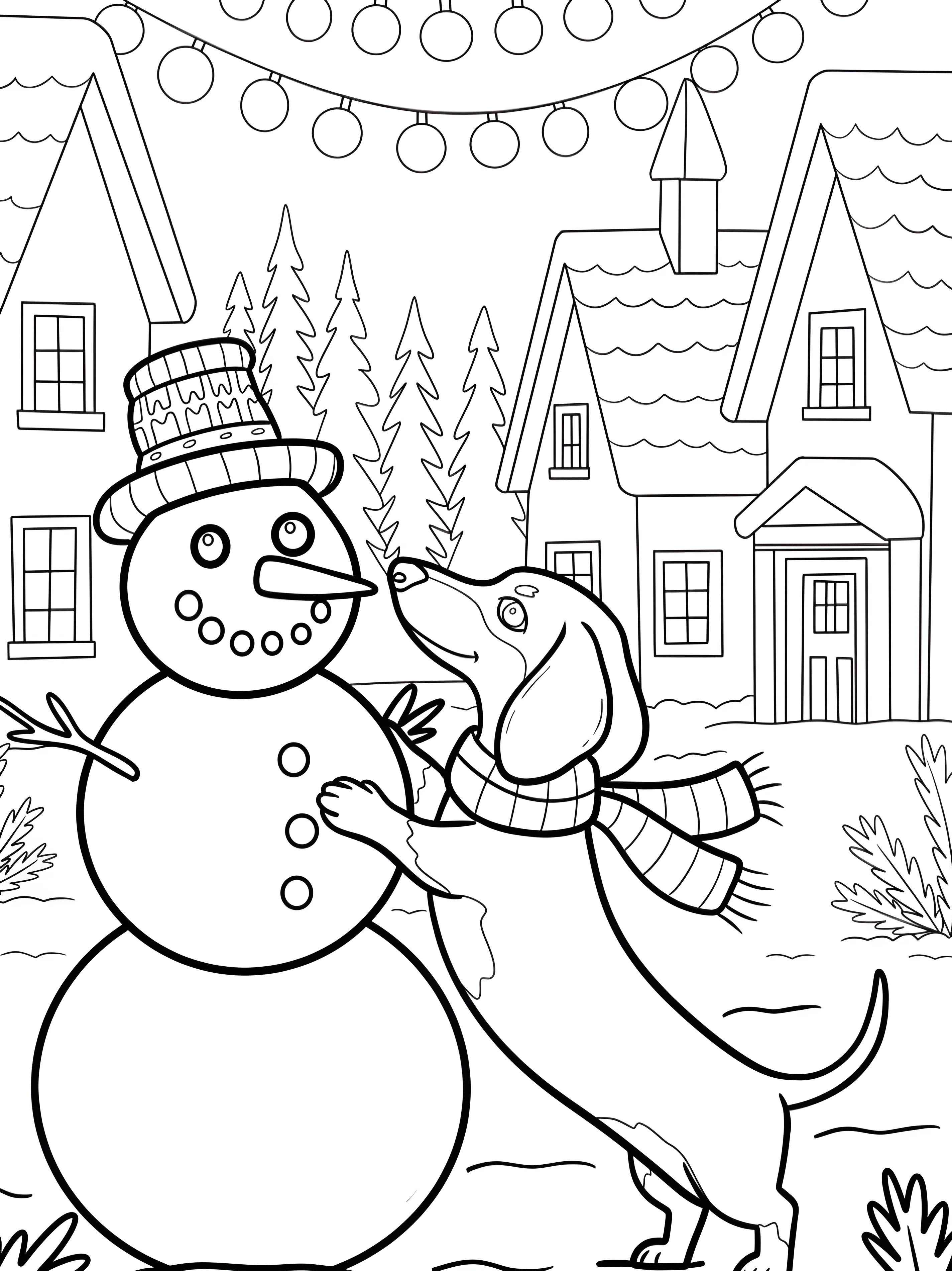 Даксхунд играет со снеговиком в зимней деревне №21056. Раскраски животные (весь животный мир). Таксы.