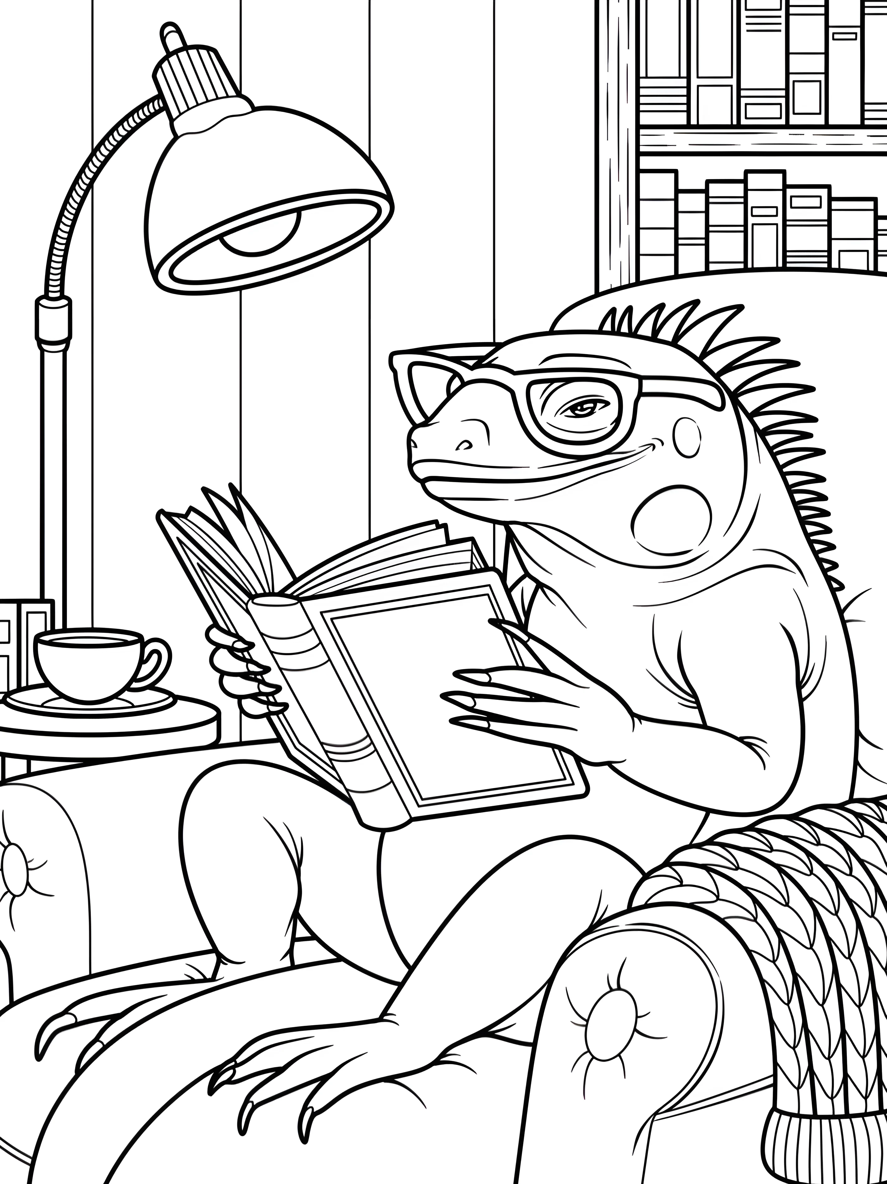 Забавный игуана читает книгу в кресле №20671. Раскраски животные (весь животный мир). Игуаны.