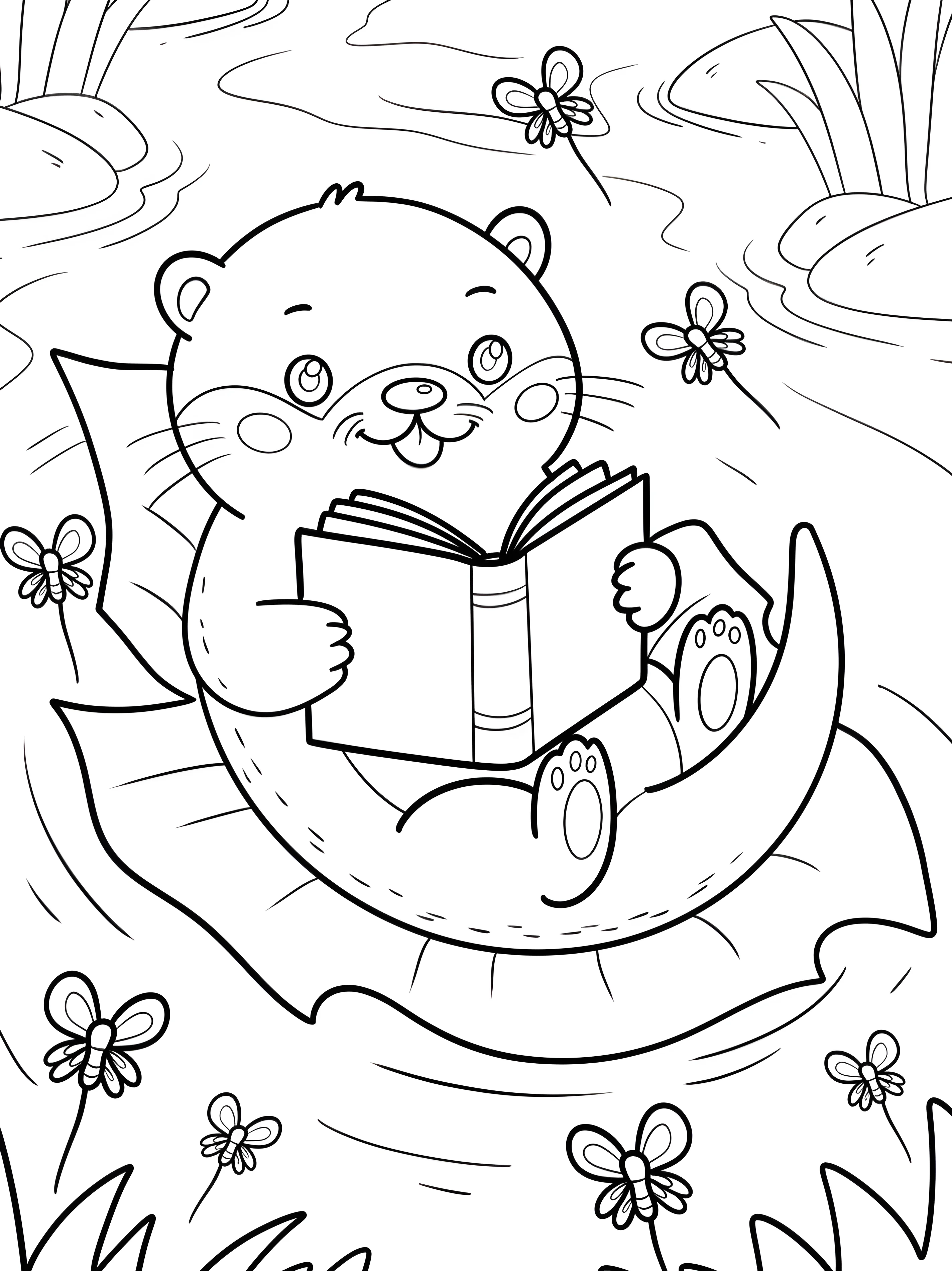 Забавный выдра читает книгу на листе для детей №20607. Раскраски животные (весь животный мир). Выдры.