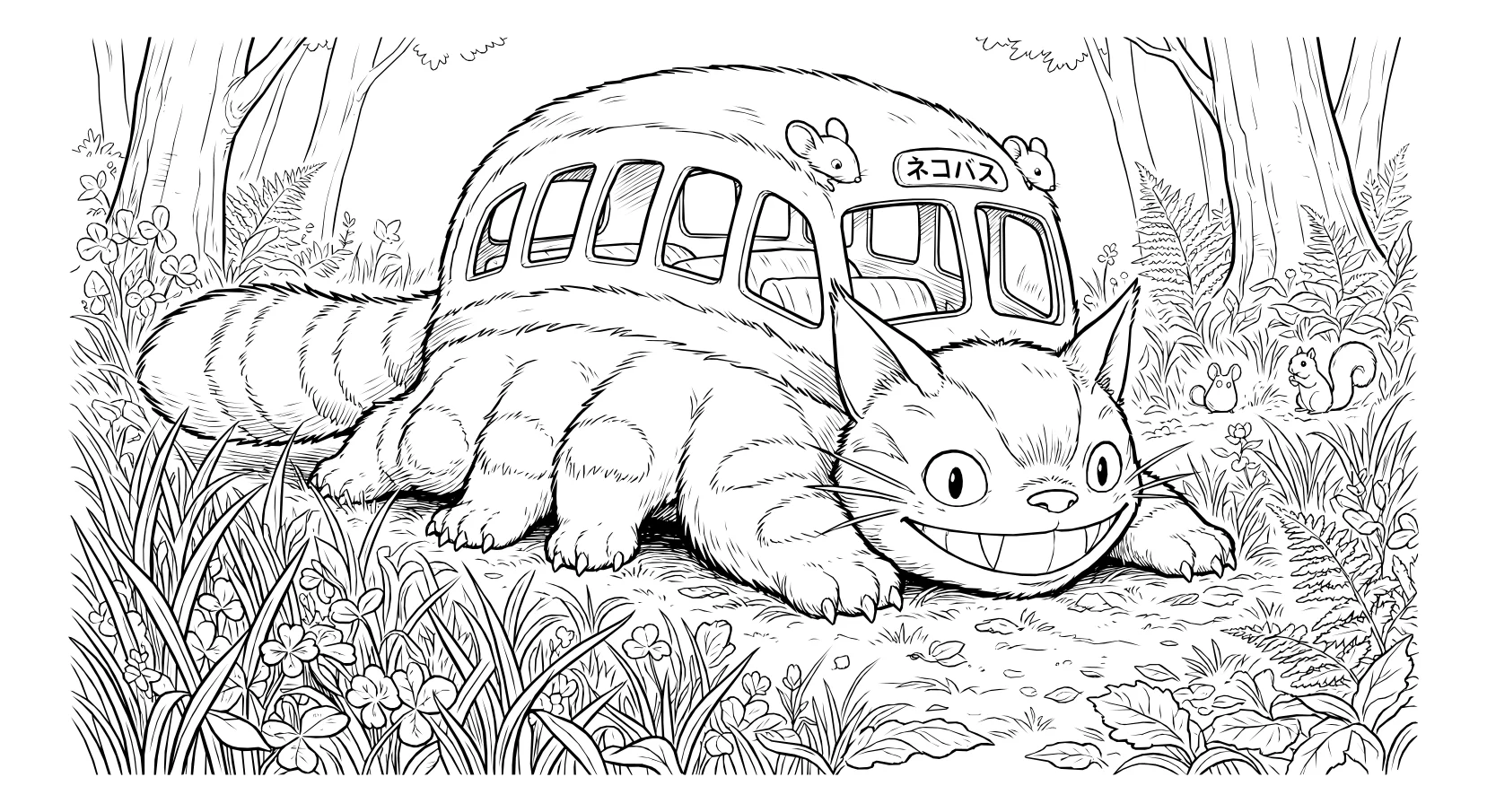 Котобус притаился в лесу №4631. Раскраски из аниме. Котобус.