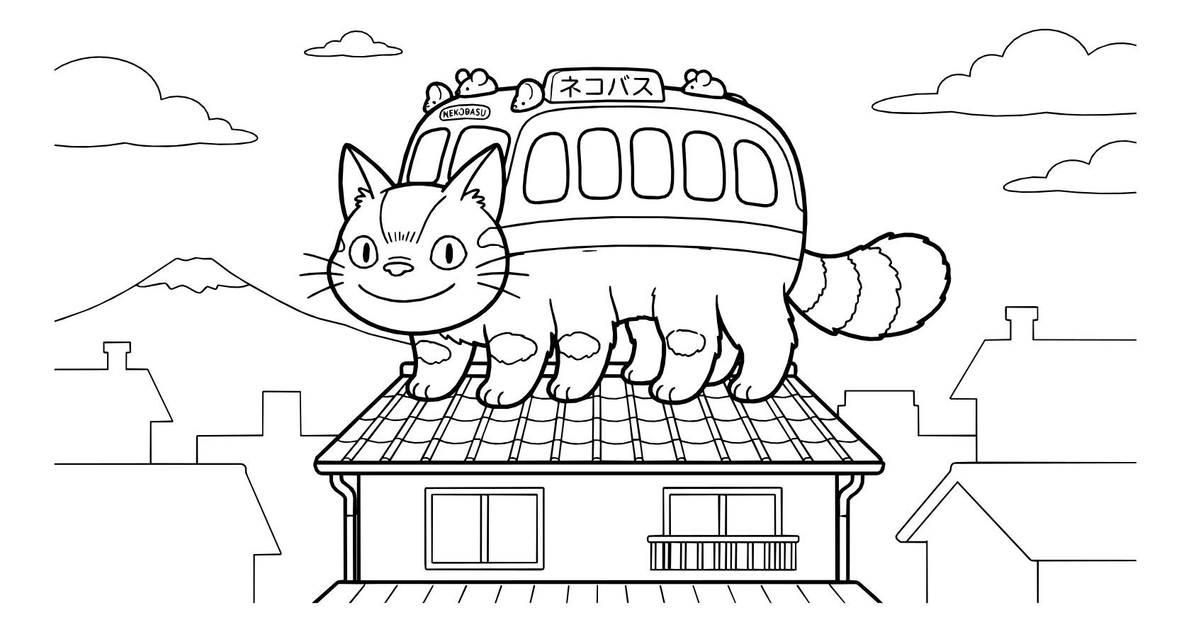 Котобус на крыше дома №4628. Раскраски из аниме. Котобус.