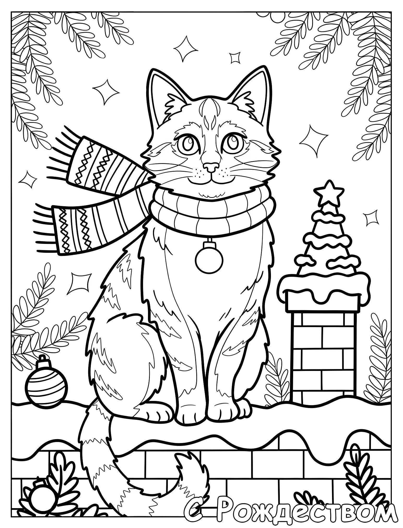 Котенок с шарфом на фоне рождественского пейзажа №18005. Рождество. Рождественские кошки.