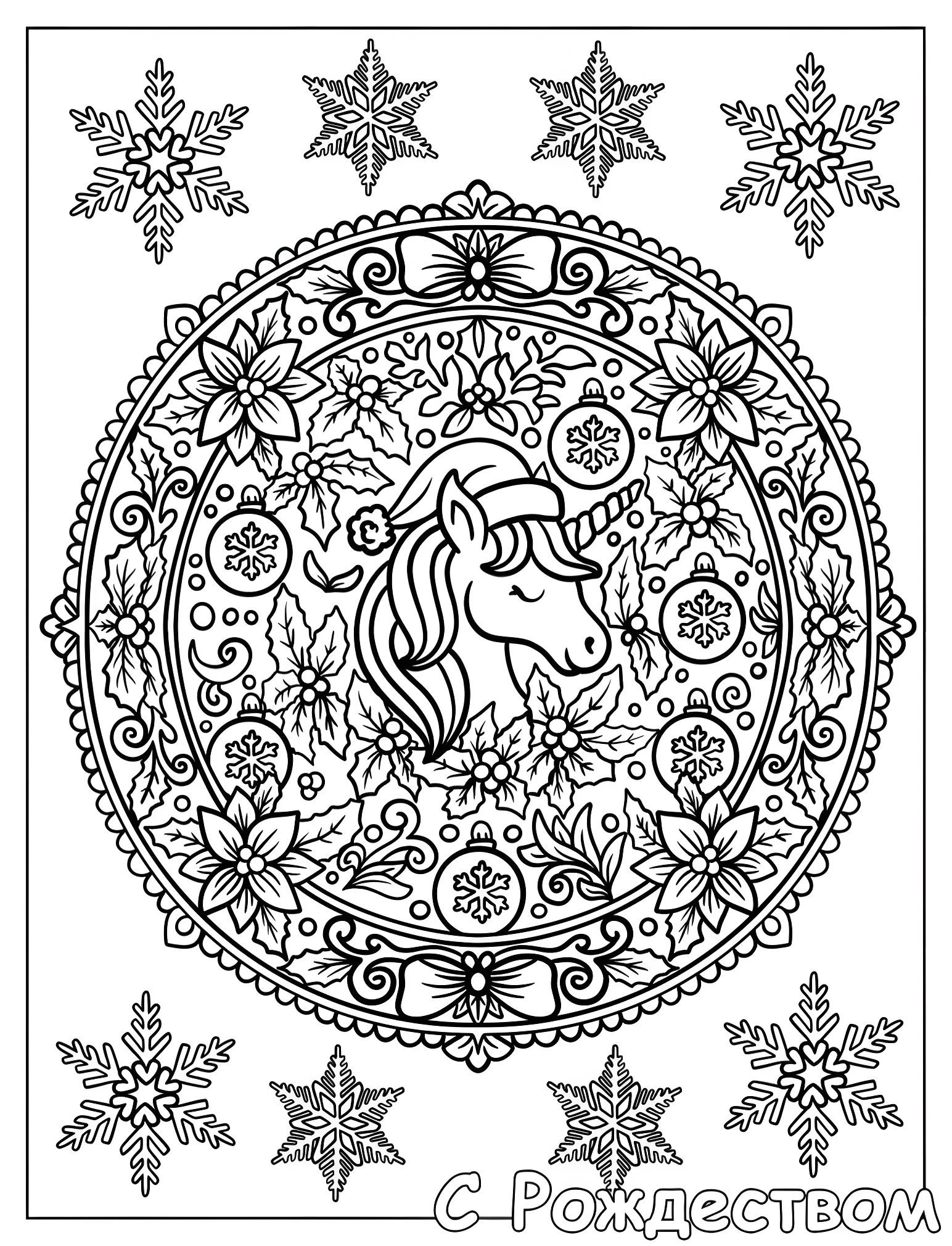 Рождественский единорог мандала со снежинками №18325. Рождество. Рождественские единороги.
