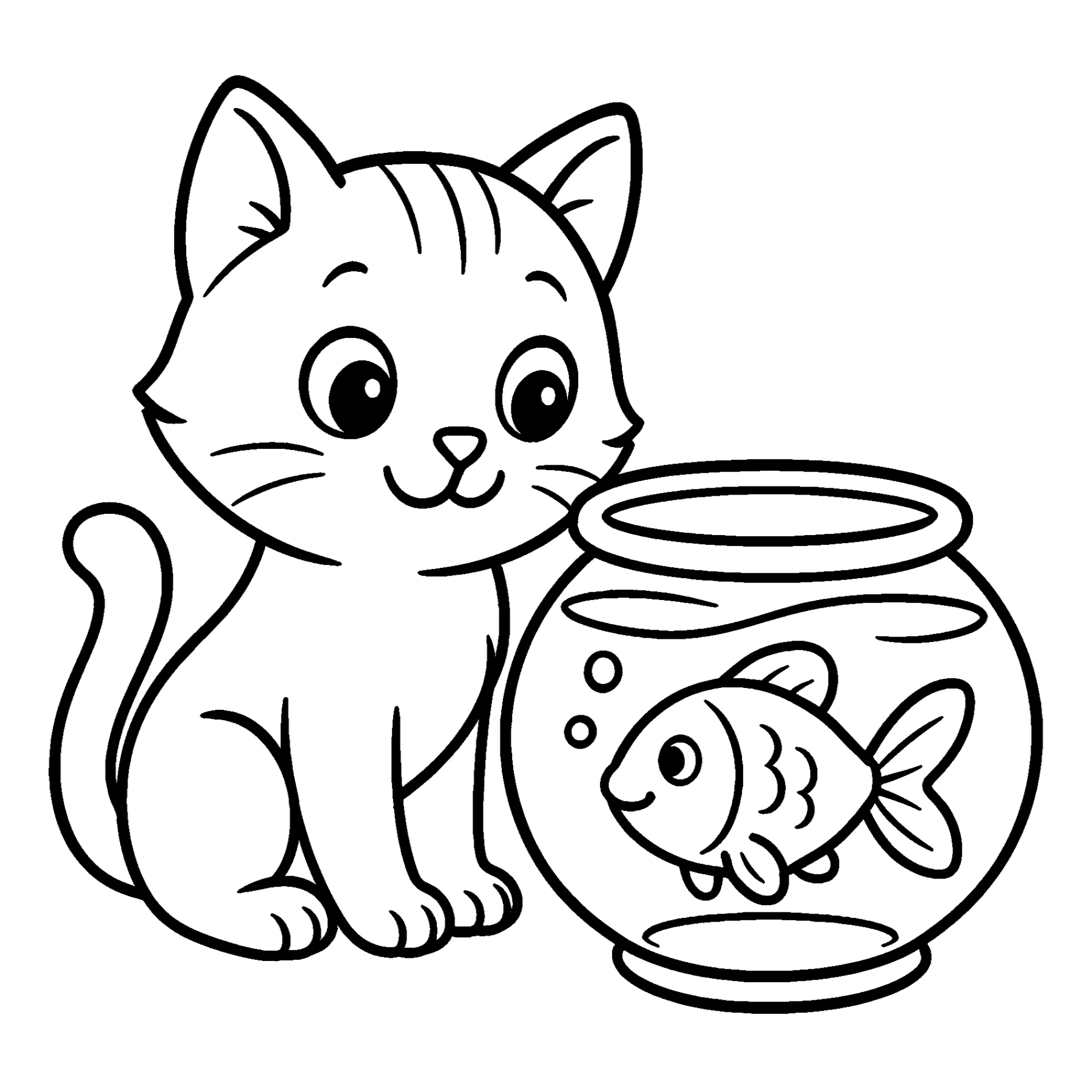 Кошка и рыбка №4266. Обучающие и развивающие раскраски для детского сада, для начальных классов. Животные Кавайные раскраски.