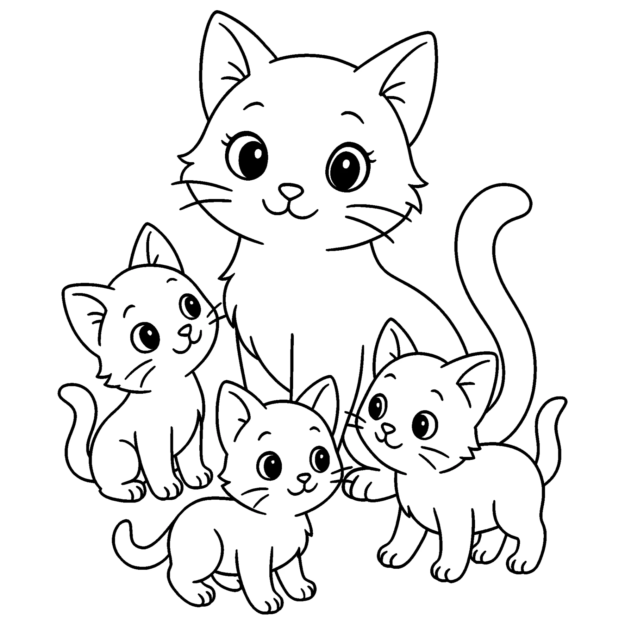 Кошка с котятами Картинка №4309. Обучающие и развивающие раскраски для детского сада, для начальных классов. Животные Кавайные раскраски.