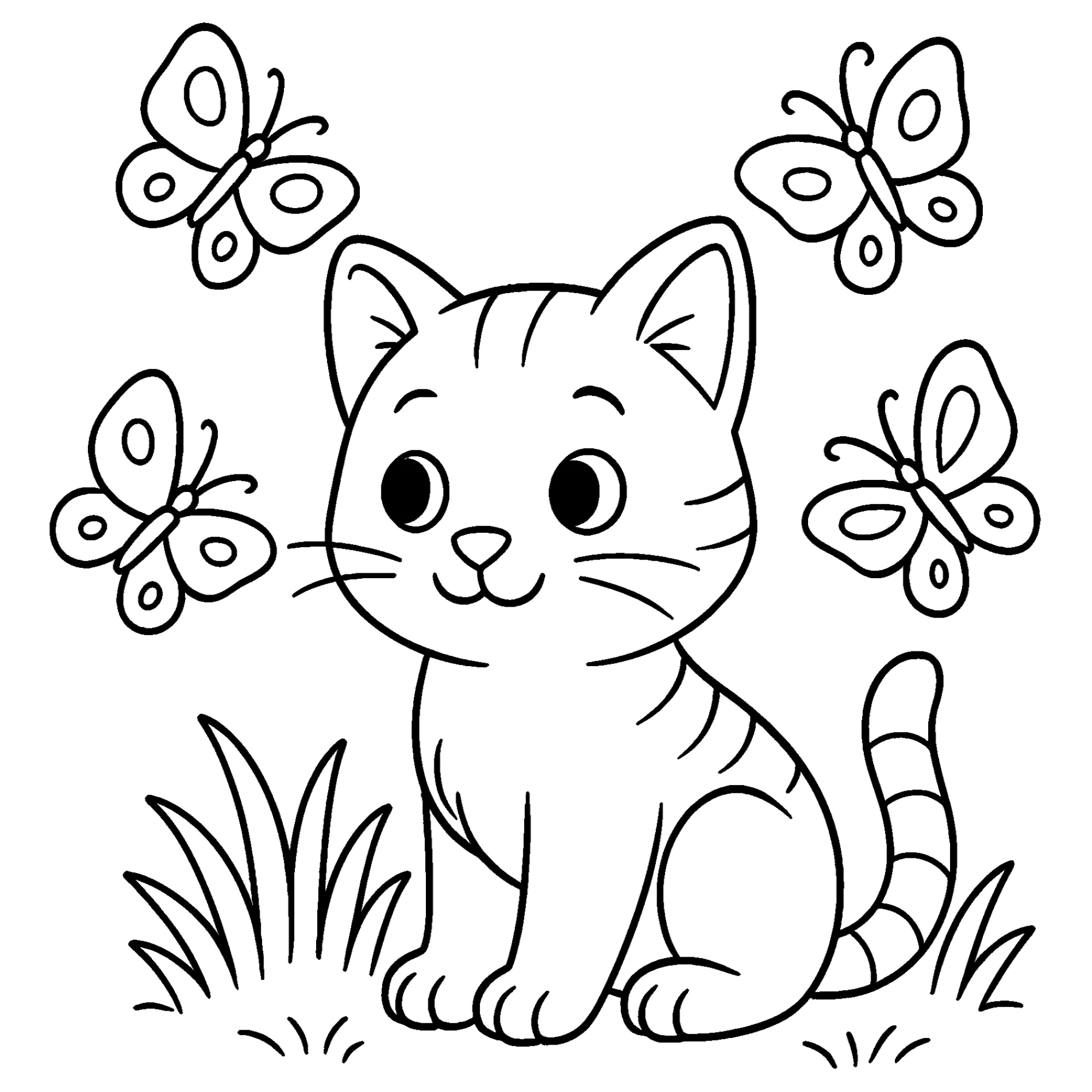 Котенок и бабочки №4265. Обучающие и развивающие раскраски для детского сада, для начальных классов. Животные Кавайные раскраски.