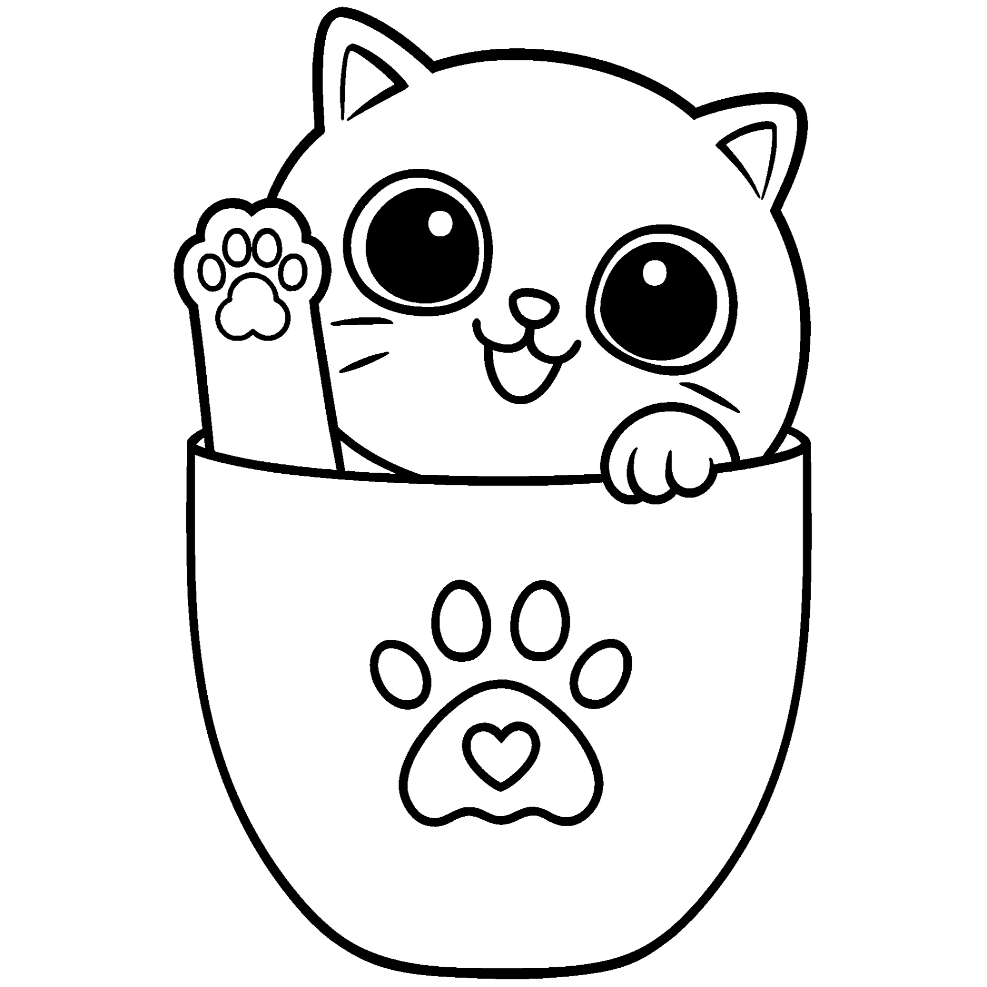 Котёнок машет лапкой из чашки №4241. Обучающие и развивающие раскраски для детского сада, для начальных классов. Животные Кавайные раскраски.