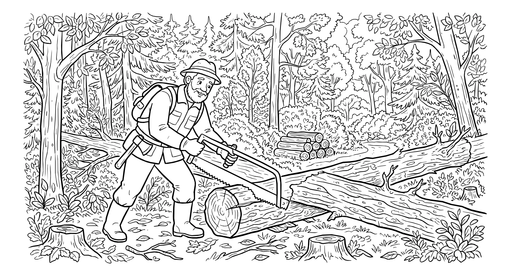Лесник пилит старые деревья №5874. Обучающие и развивающие раскраски для детского сада, для начальных классов. Лесник.