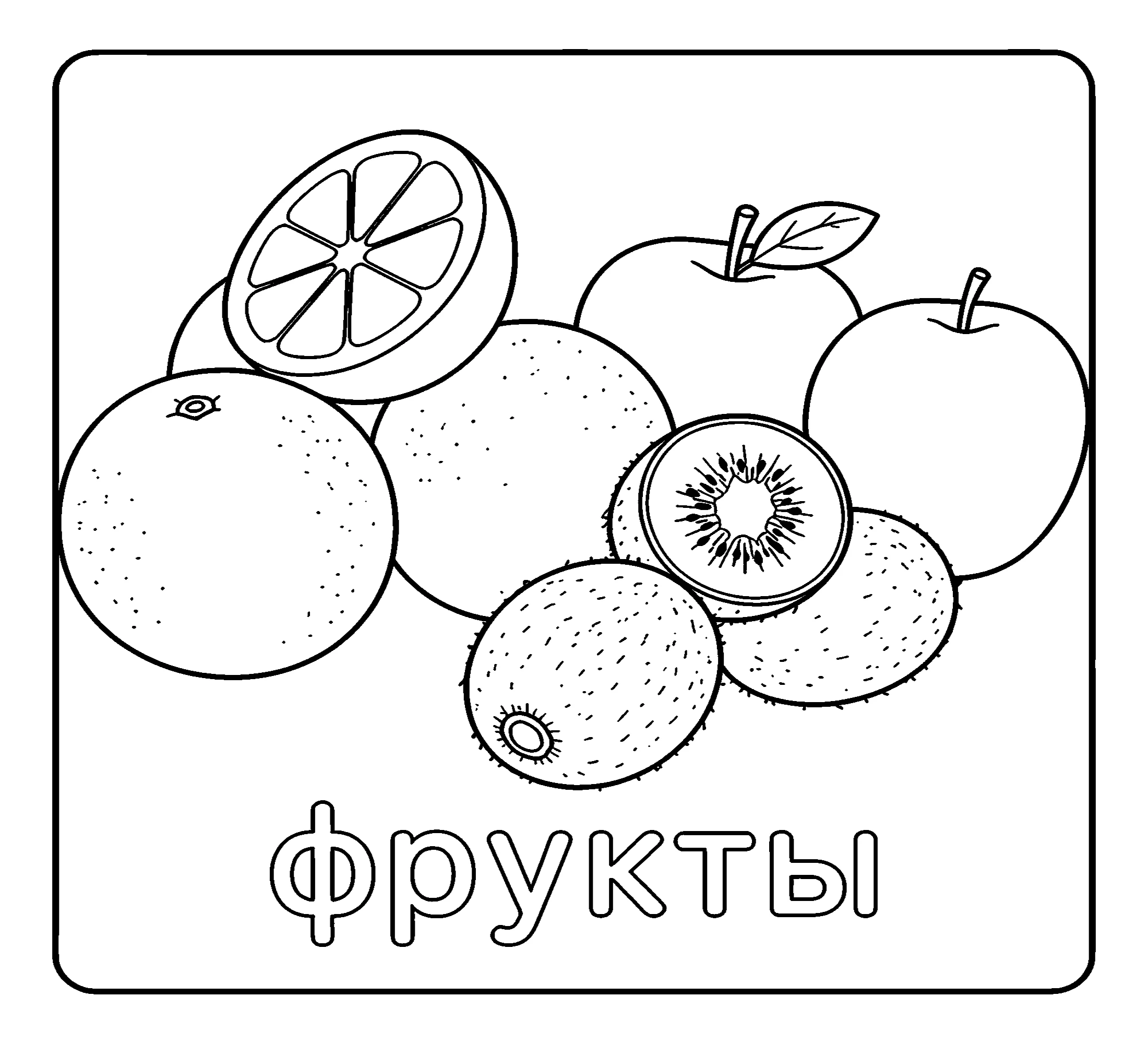 Апельсины, яблоки и киви Картинка-раскраска №3767. Обучающие и развивающие раскраски для детского сада, для начальных классов. Фрукты.