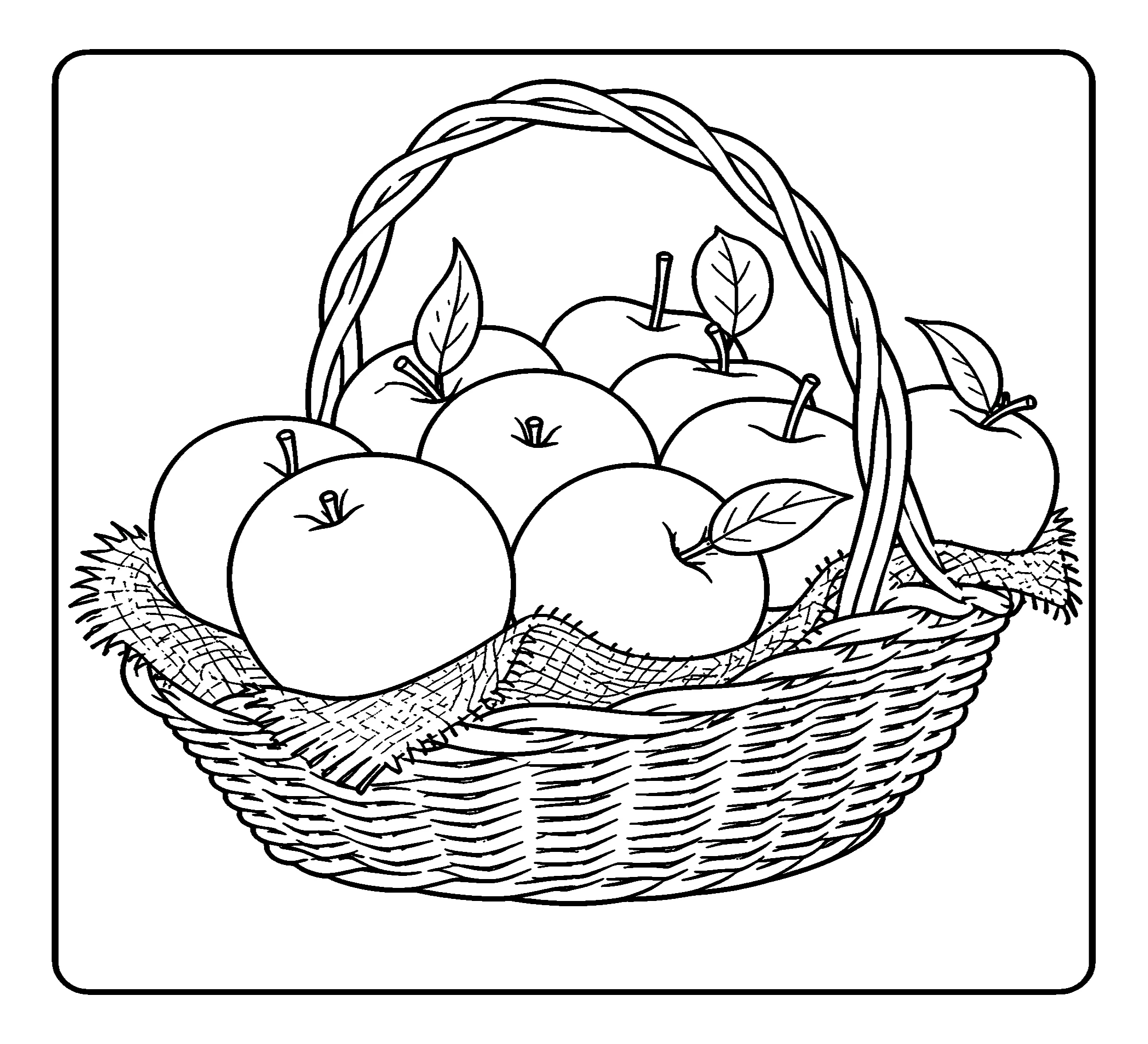 Корзинка с яблоками Раскраска №3718. Обучающие и развивающие раскраски для детского сада, для начальных классов. Фрукты.