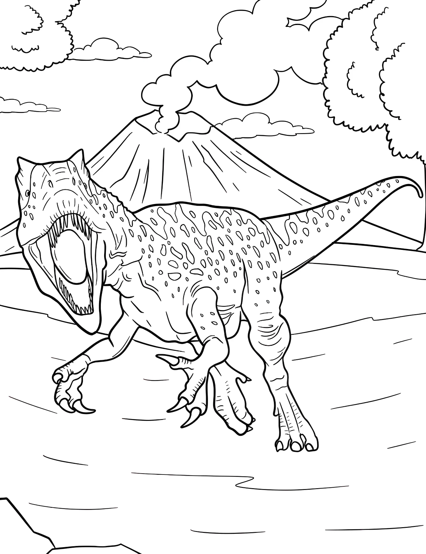 Веселый аллозавр бежит перед вулканом №21284. Динозавры. Аллозавр (Allosaurus).