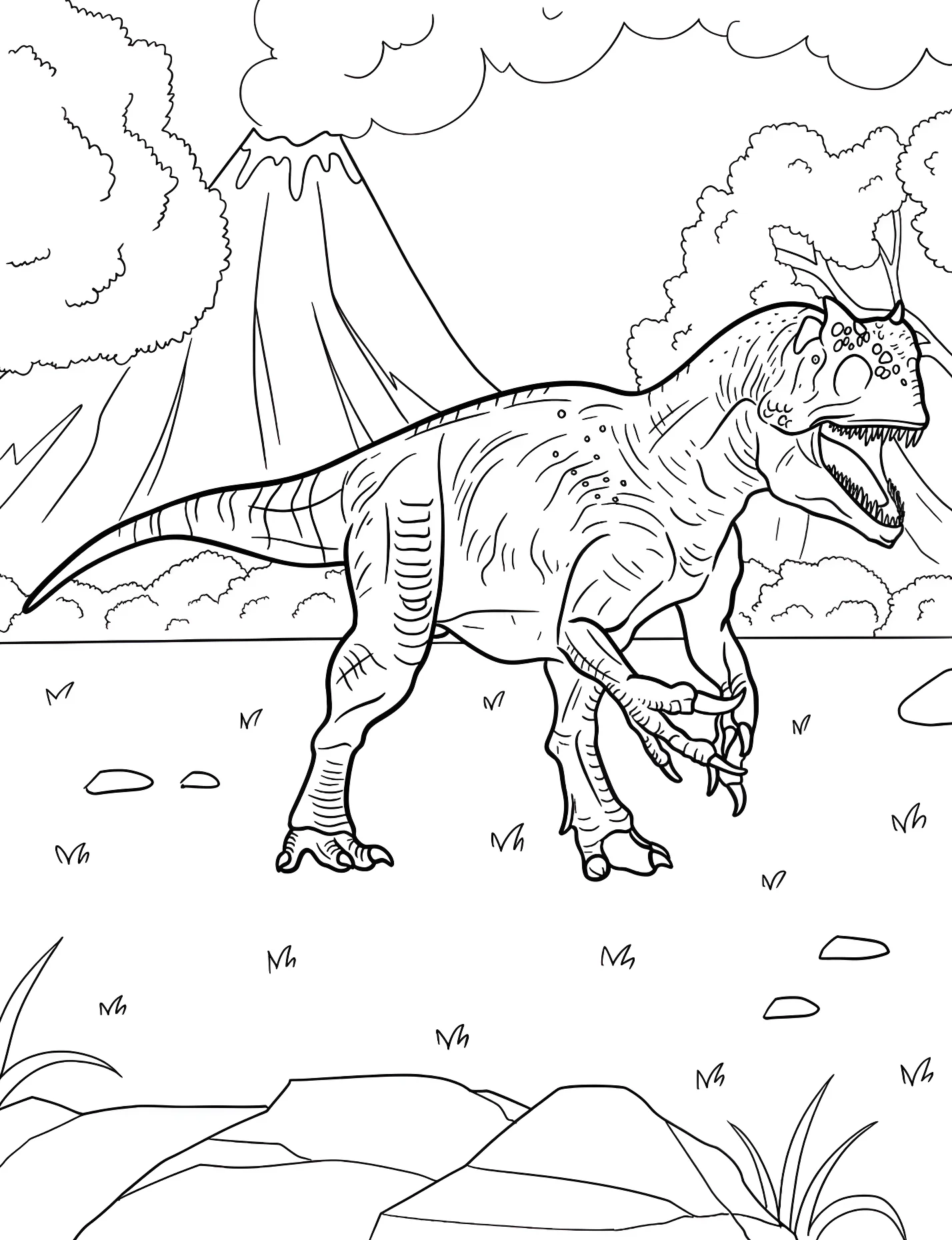 Динозавр аллозавр перед вулканом №21287. Динозавры. Аллозавр (Allosaurus).