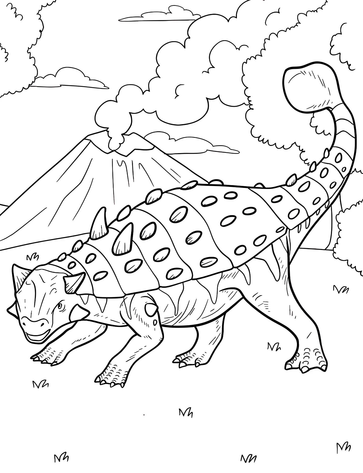 Анкилозавр на фоне вулкана №21306. Динозавры. Анкилозавр (Ankylosaurus).