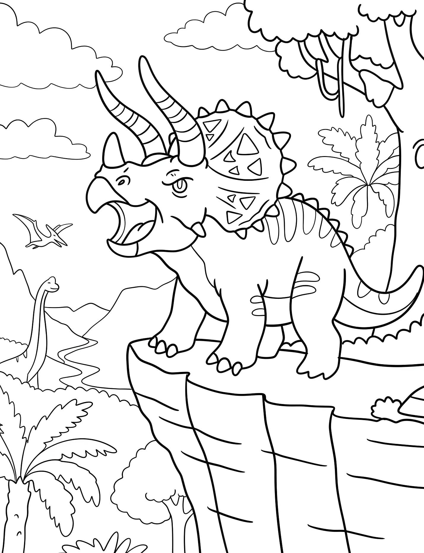 Трицератопс на скале №21603. Динозавры. Трицератопс (Triceratops).