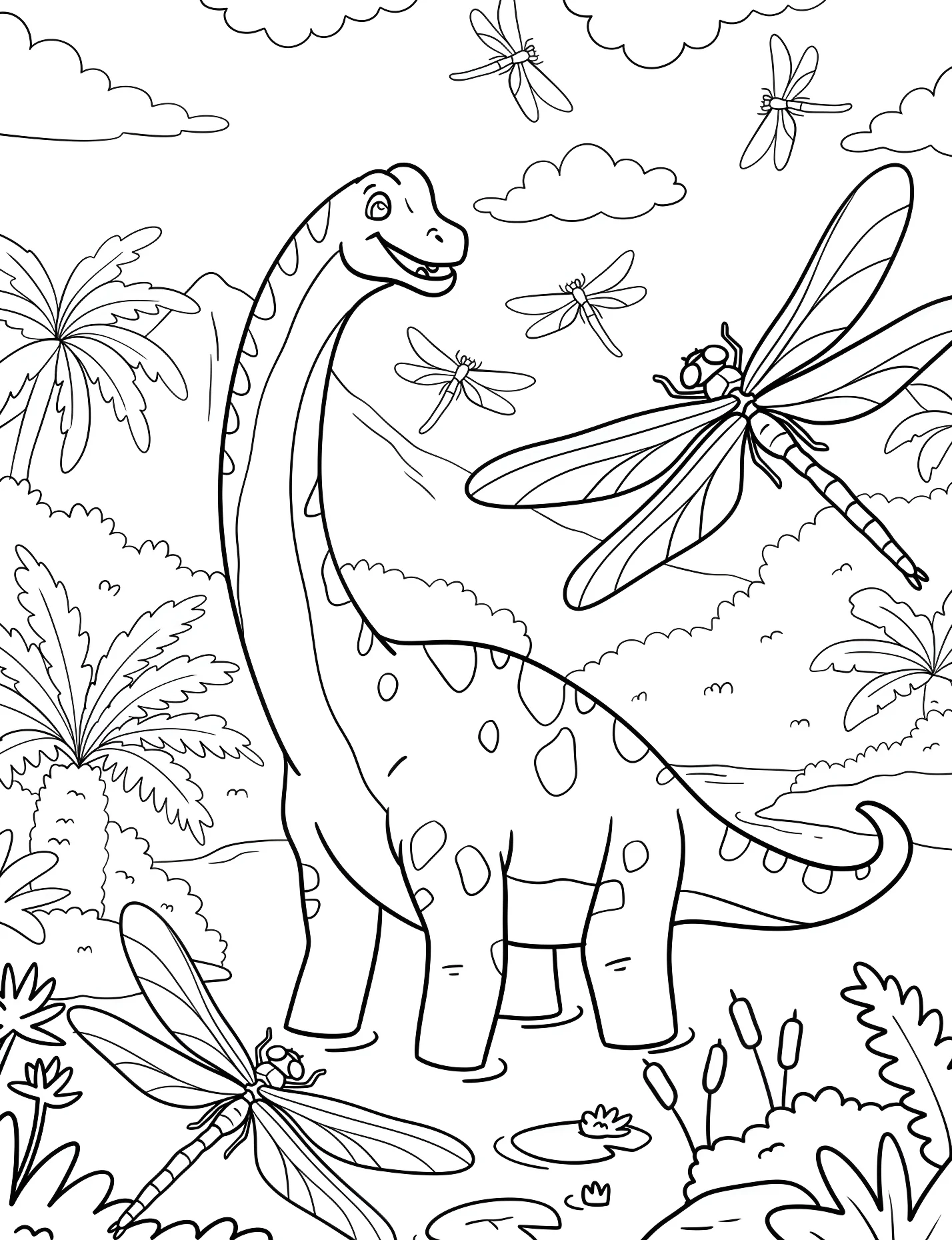 Брахиозавр среди стрекоз в тропиках №21333. Динозавры. Брахиозавр (Brachiosaurus).