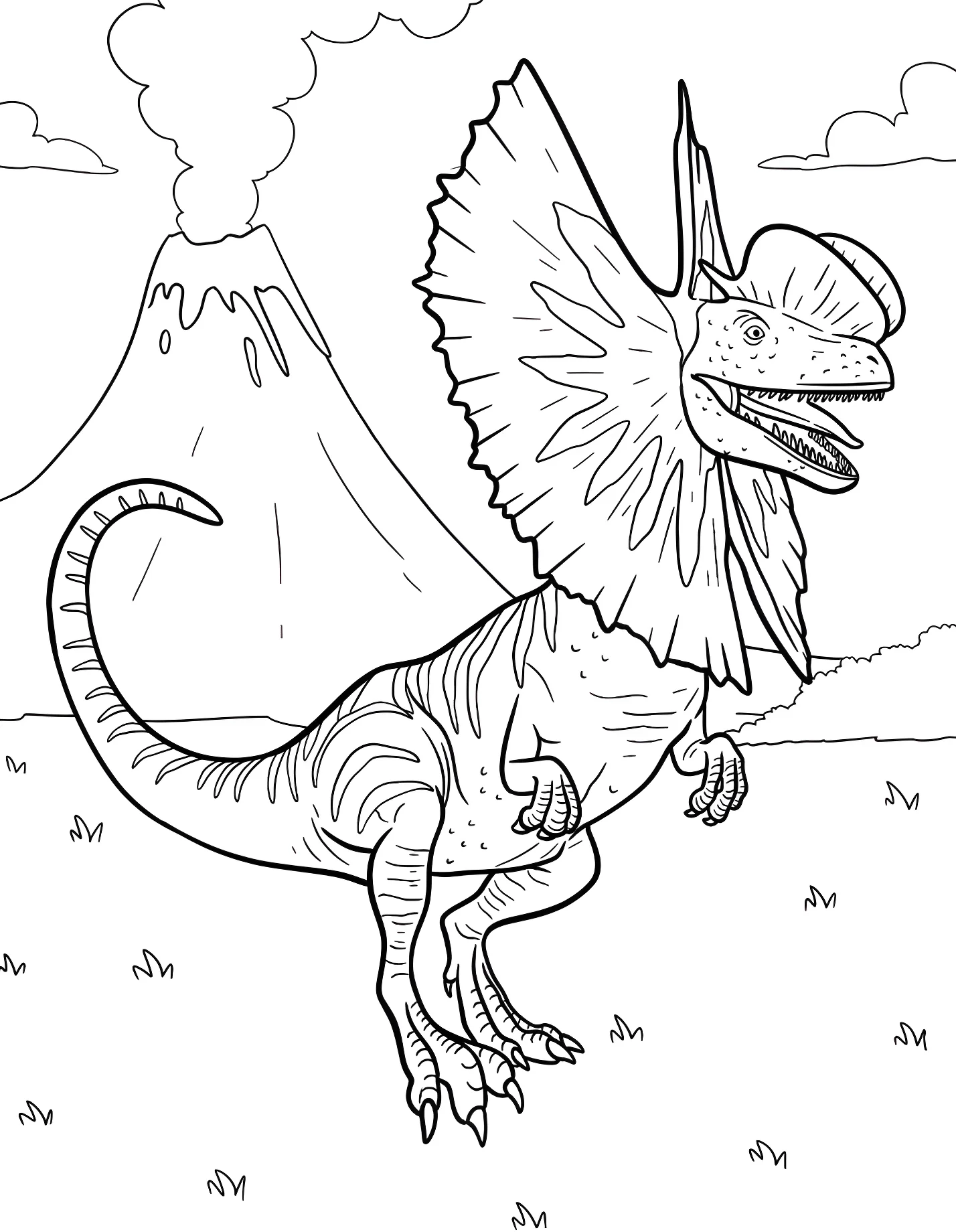 Дилофозавр у вулкана №21362. Динозавры. Дилофозавр (Dilophosaurus).