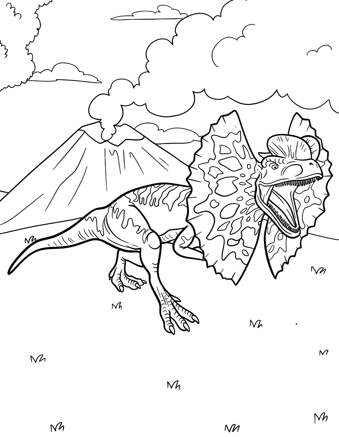 Дилофозавр убегает от вулкана №21364. Динозавры. Дилофозавр (Dilophosaurus).