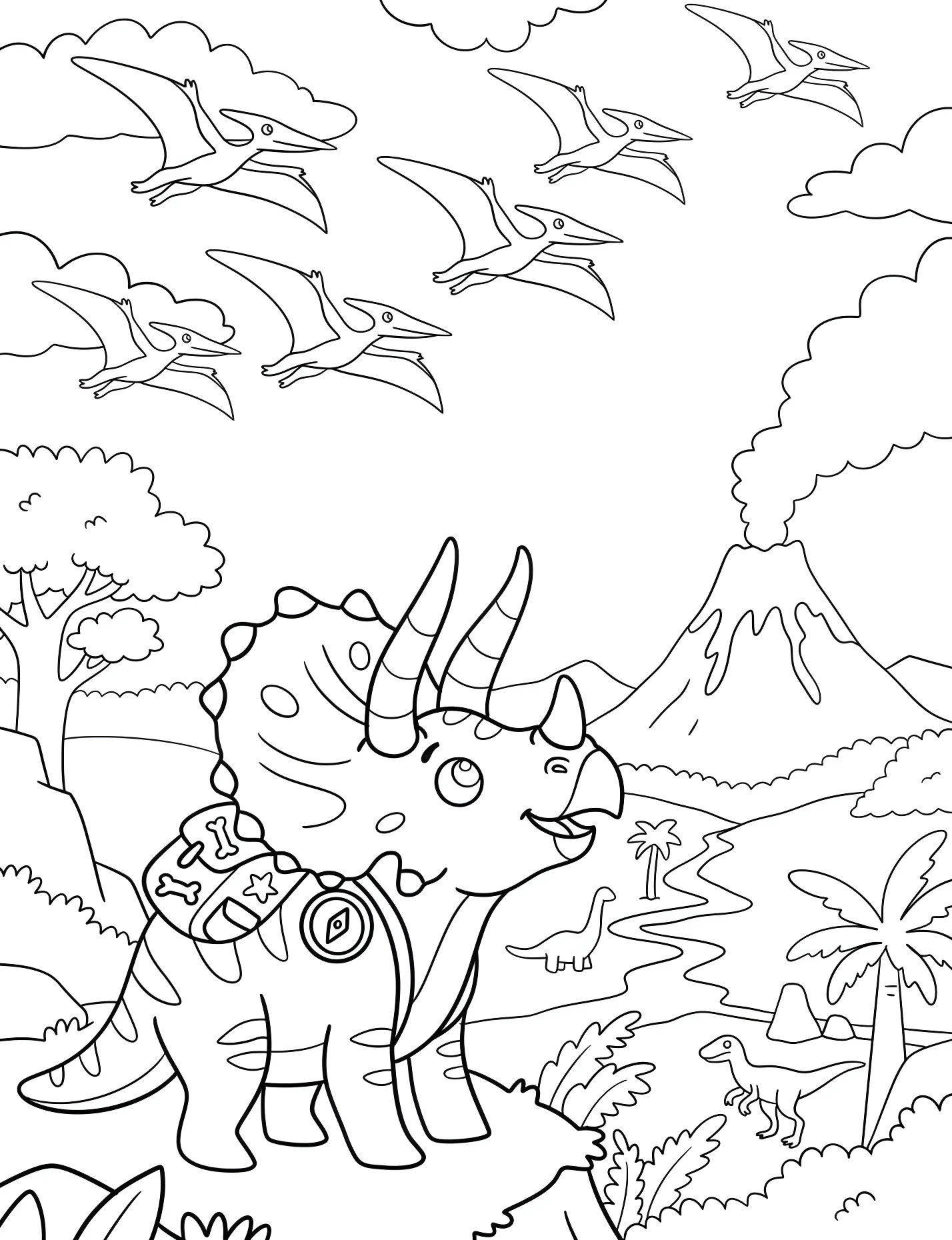 Троодон и птеродактили у вулкана №21613. Динозавры. Трицератопс (Triceratops).