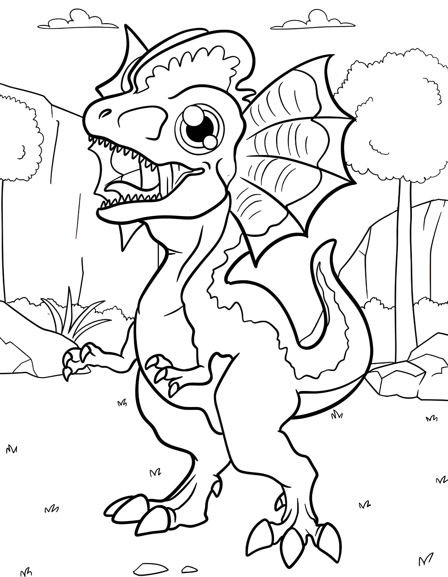 Милый дилофозавр в дикой природе №21370. Динозавры. Дилофозавр (Dilophosaurus).