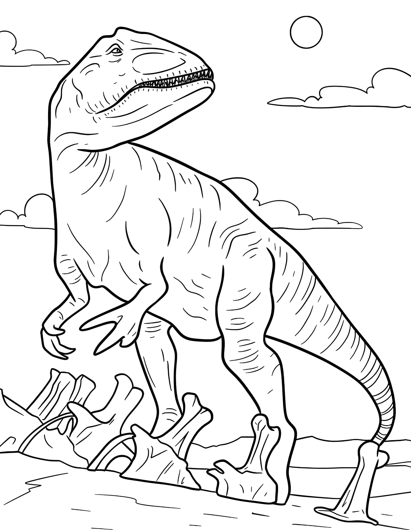 Большой аллозавр и скелеты на земле №21294. Динозавры. Аллозавр (Allosaurus).