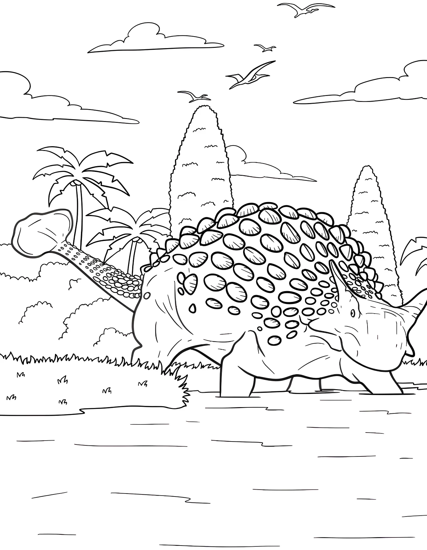 Большой анкилозавр у реки №21313. Динозавры. Анкилозавр (Ankylosaurus).