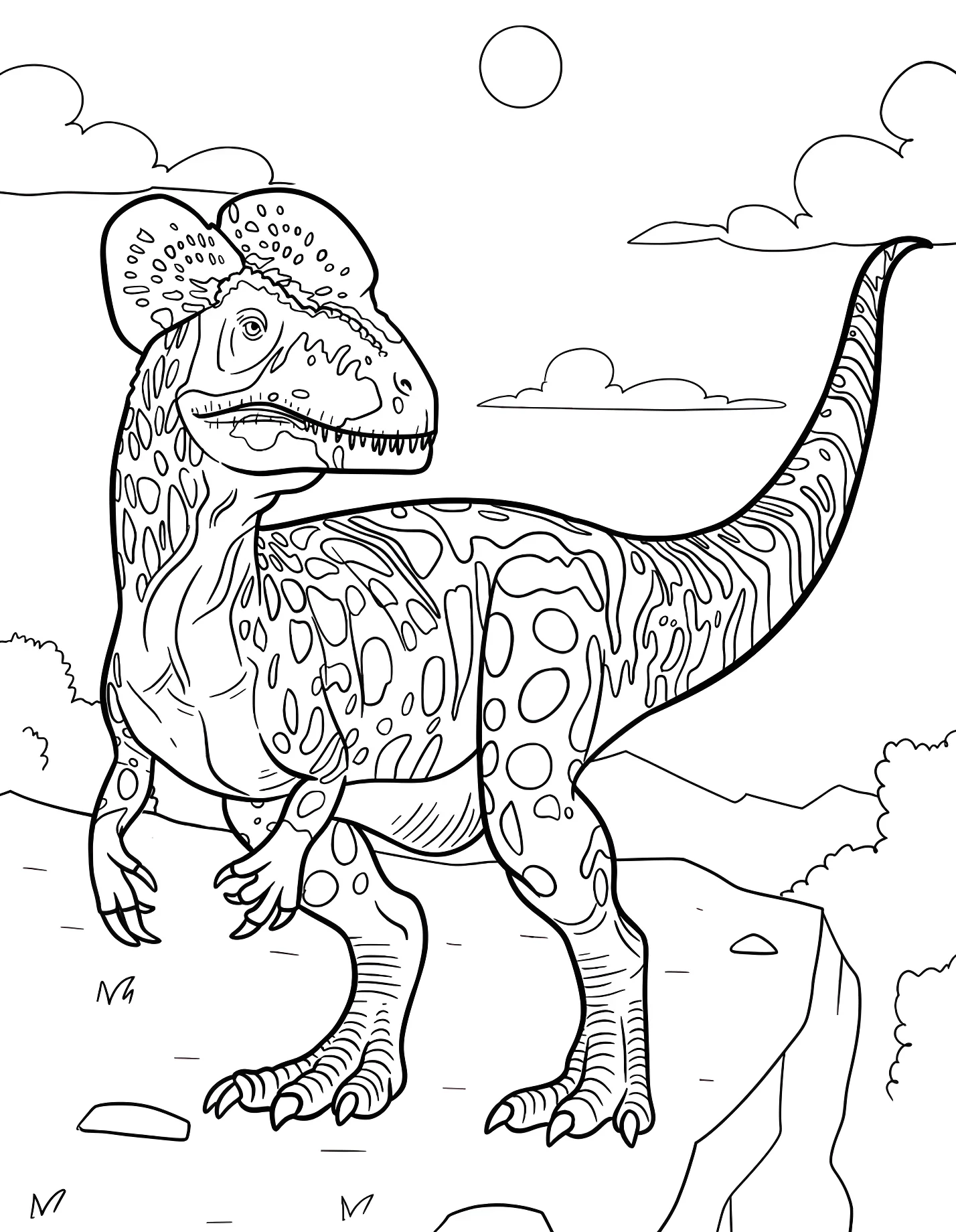 Забавный дилофозавр на скале №21371. Динозавры. Дилофозавр (Dilophosaurus).