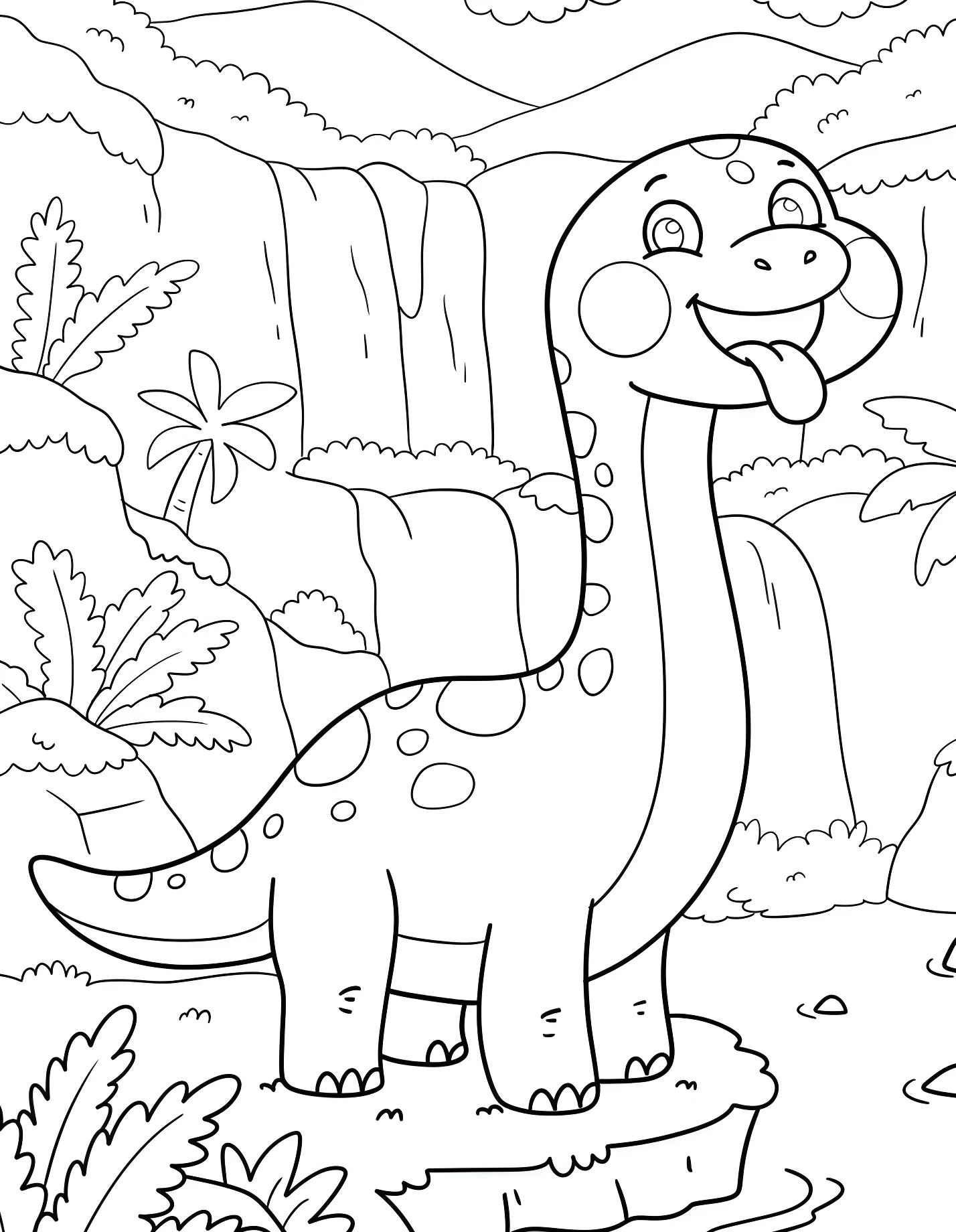 Забавный брахиозавр у водопада №21349. Динозавры. Брахиозавр (Brachiosaurus).