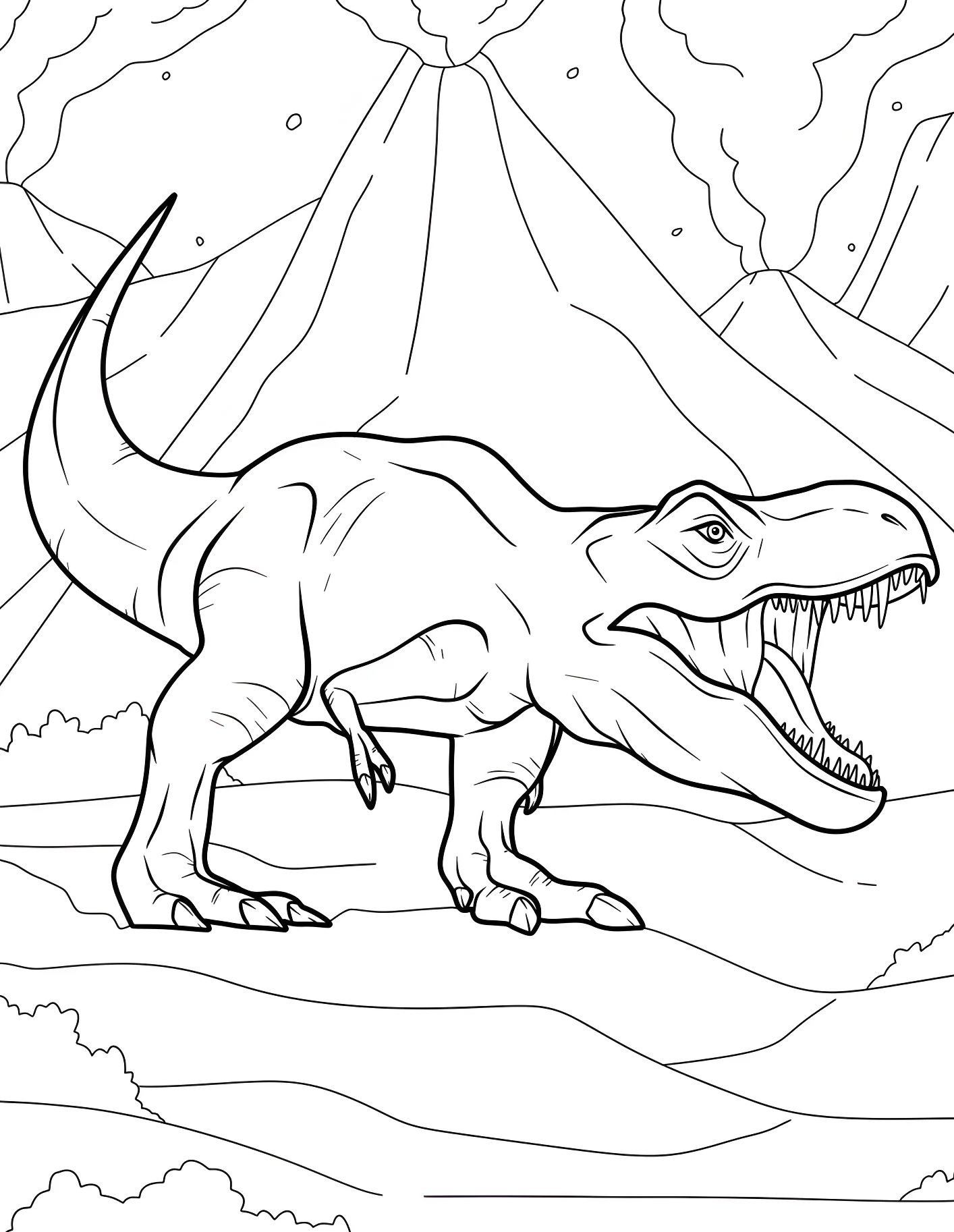 Забавный тираннозавр перед вулканом №21590. Динозавры. Тираннозавр (Tyrannosaurus rex).