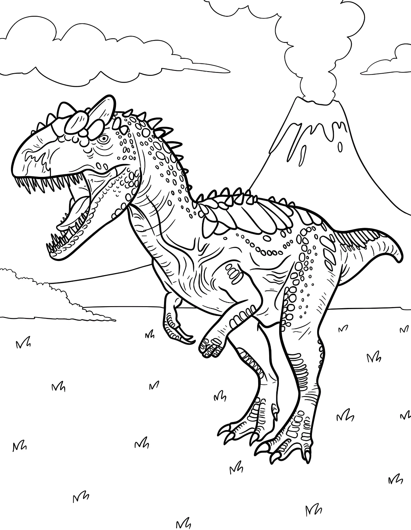 Веселый аллозавр бежит мимо вулкана №21297. Динозавры. Аллозавр (Allosaurus).