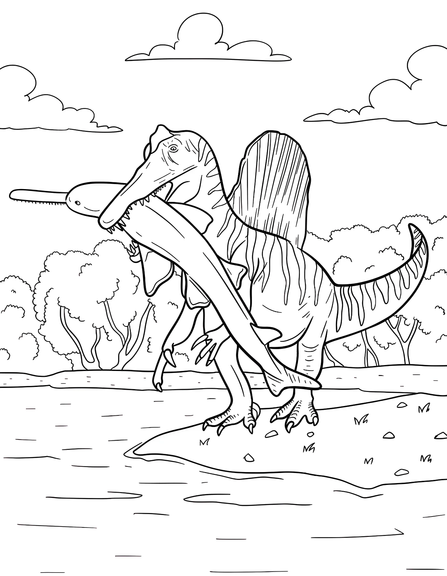 Спинозавр охотится на дельфина в реке №21527. Динозавры. Спинозавр (Spinosaurus).