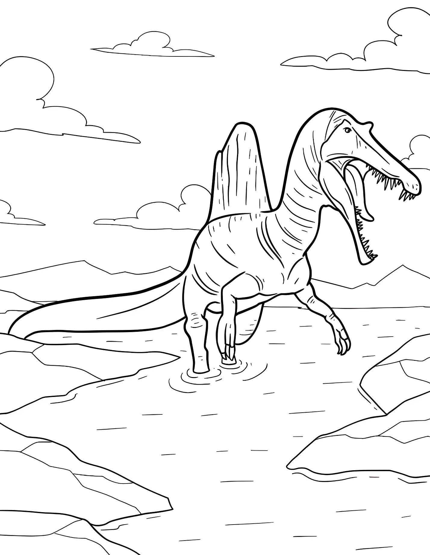 Спинозавр гуляет по берегу №21533. Динозавры. Спинозавр (Spinosaurus).
