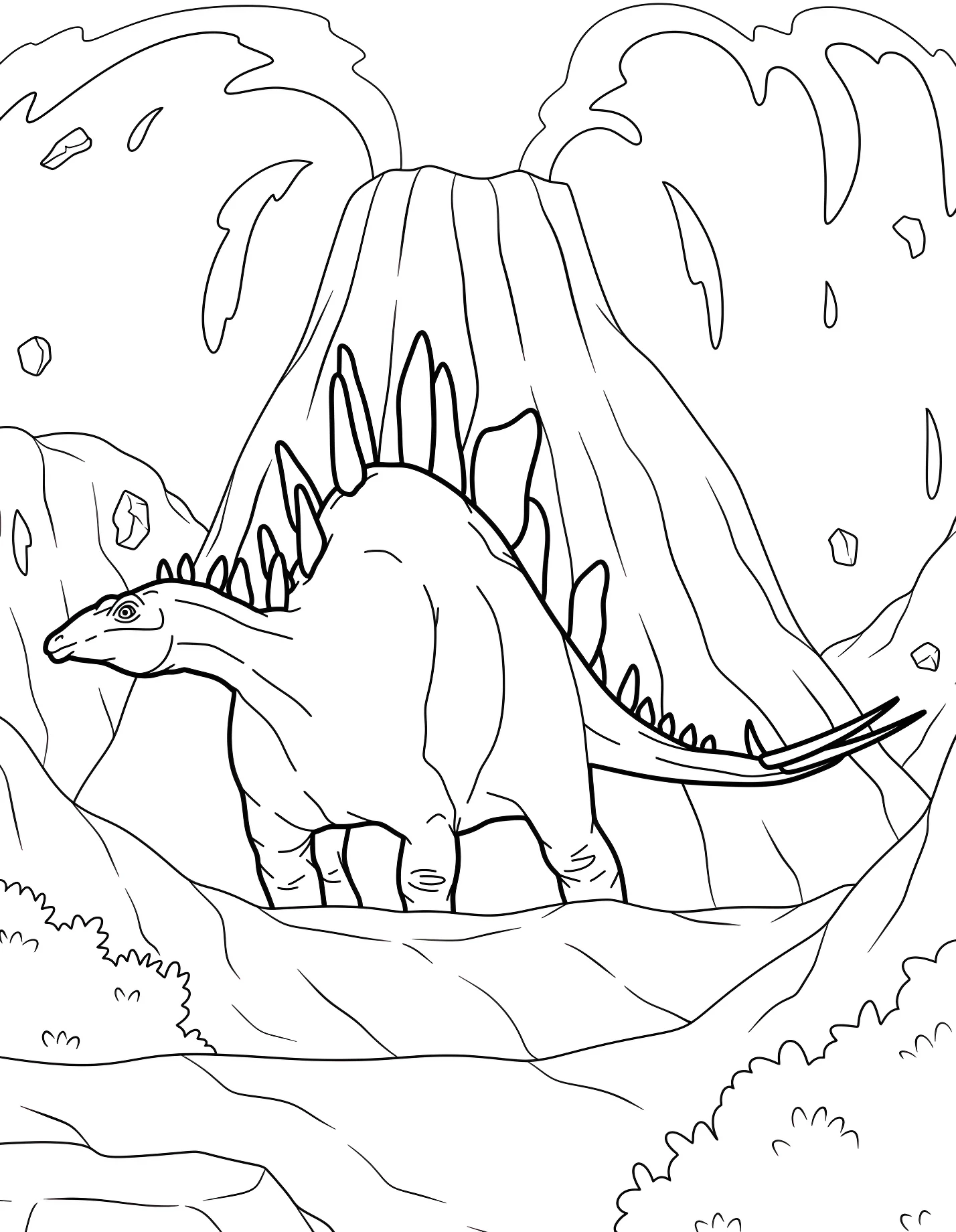Забавный стегозавр возле вулкана №21554. Динозавры. Стегозавр (Stegosaurus).