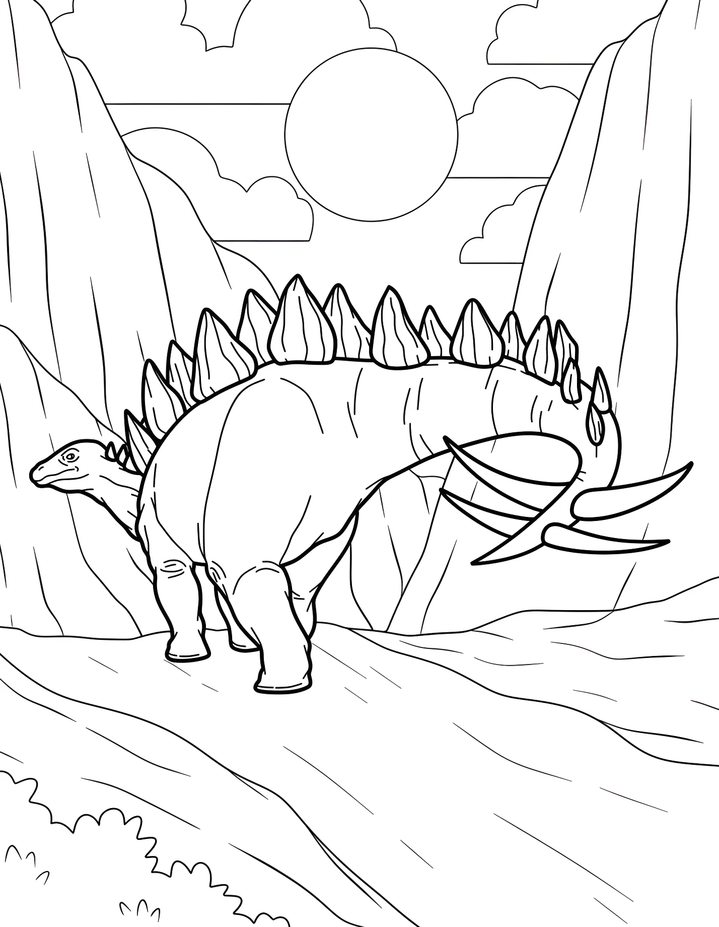 Стегозавр в горах №21555. Динозавры. Стегозавр (Stegosaurus).
