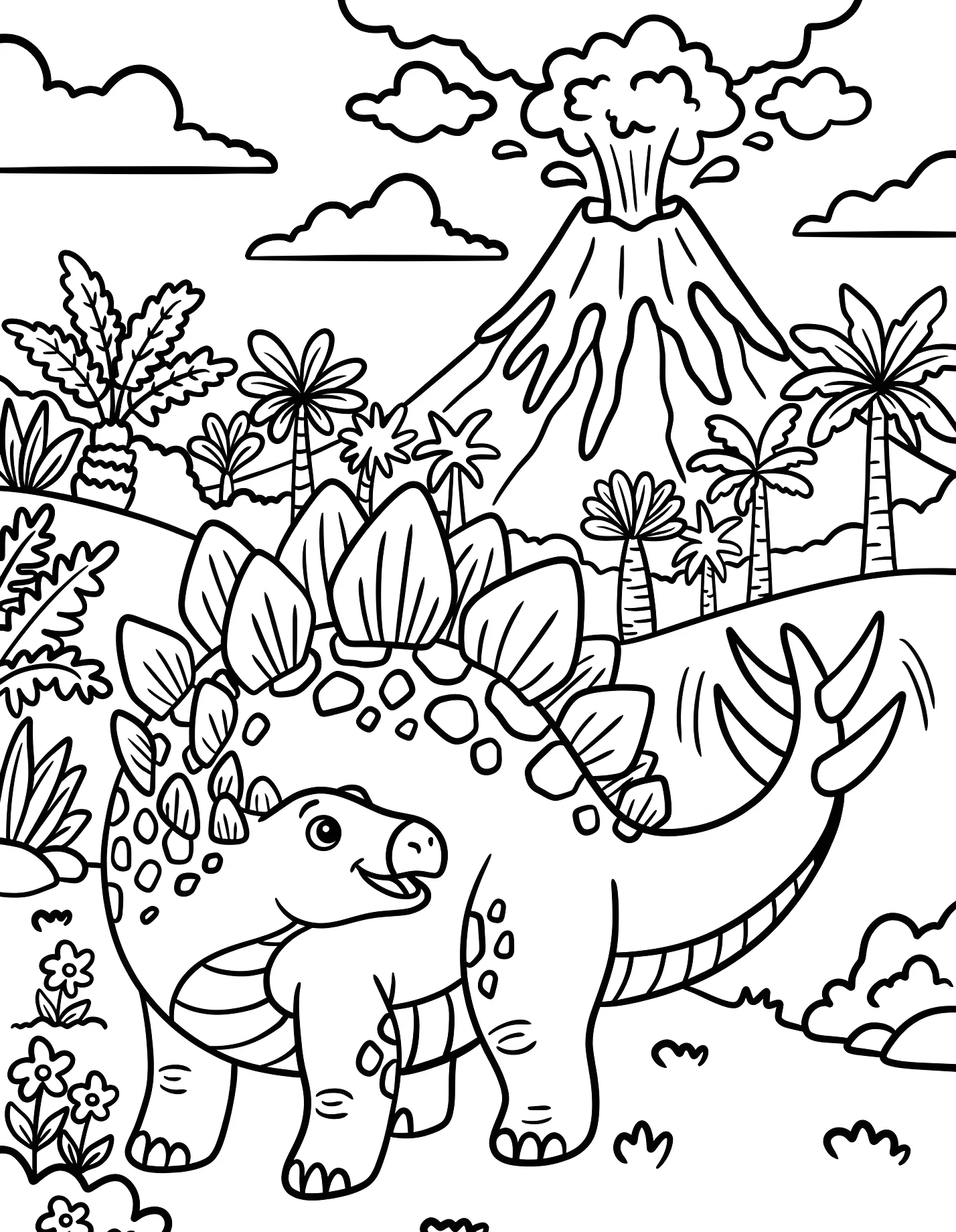 Забавный стегозавр рядом с вулканом №21556. Динозавры. Стегозавр (Stegosaurus).