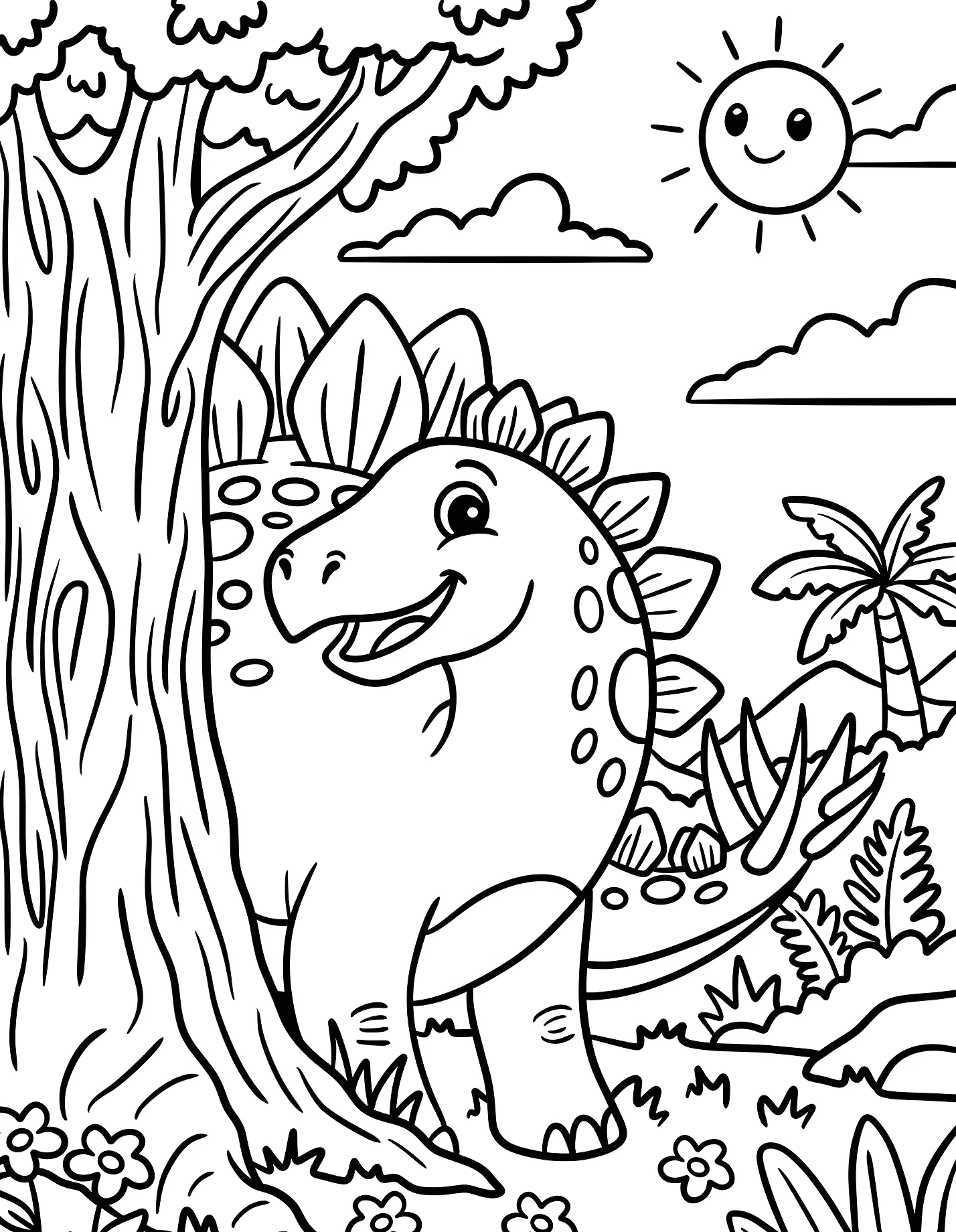 Забавный стегозавр рядом с деревом №21559. Динозавры. Стегозавр (Stegosaurus).