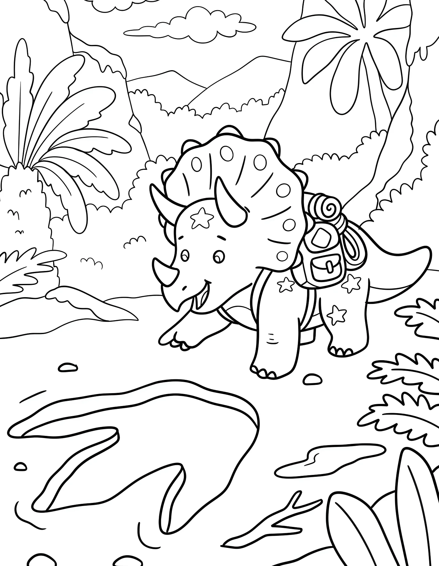 Милый трицератопс идет по джунглям №21635. Динозавры. Трицератопс (Triceratops).
