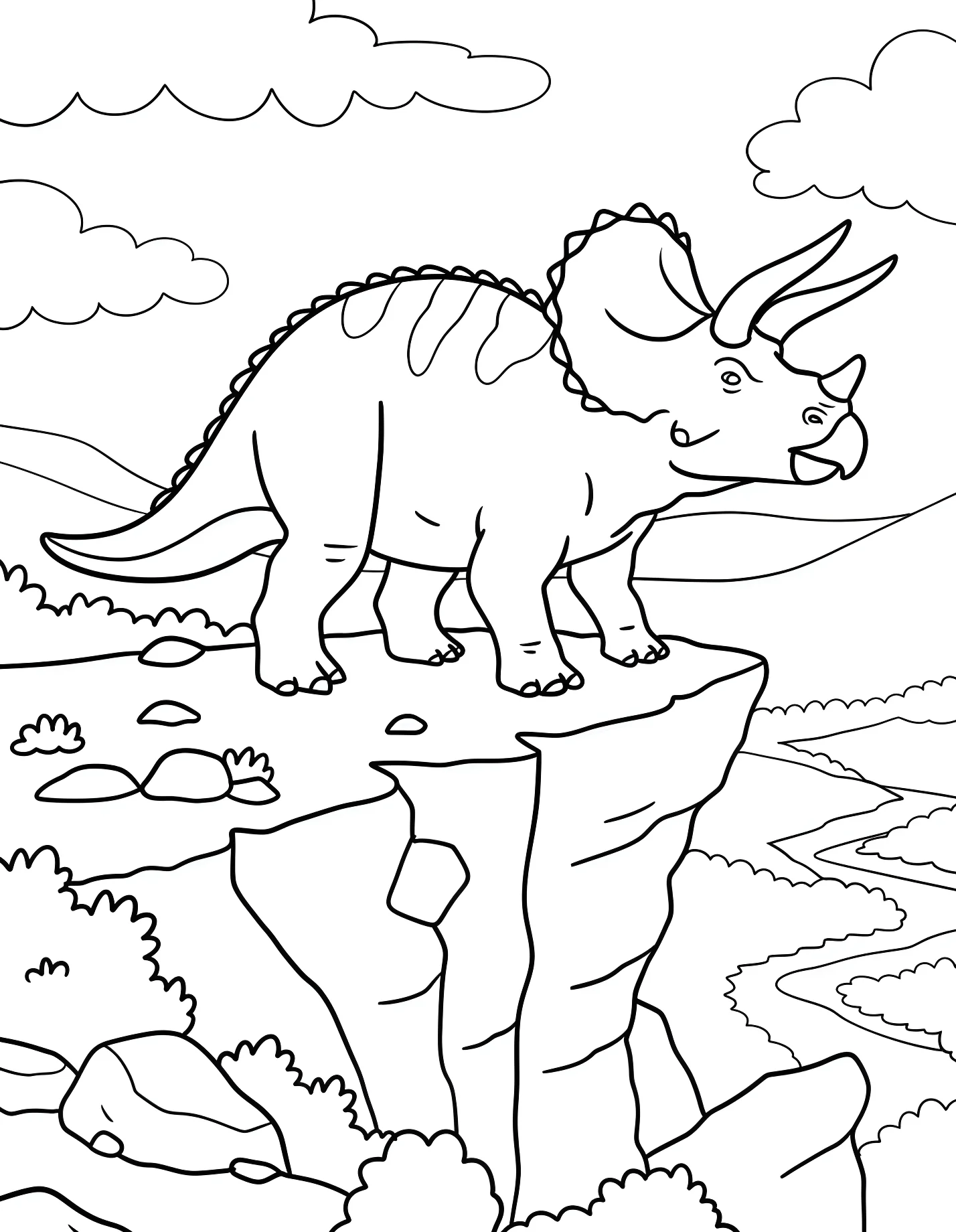 Торчеснец на скале над рекой №21637. Динозавры. Трицератопс (Triceratops).