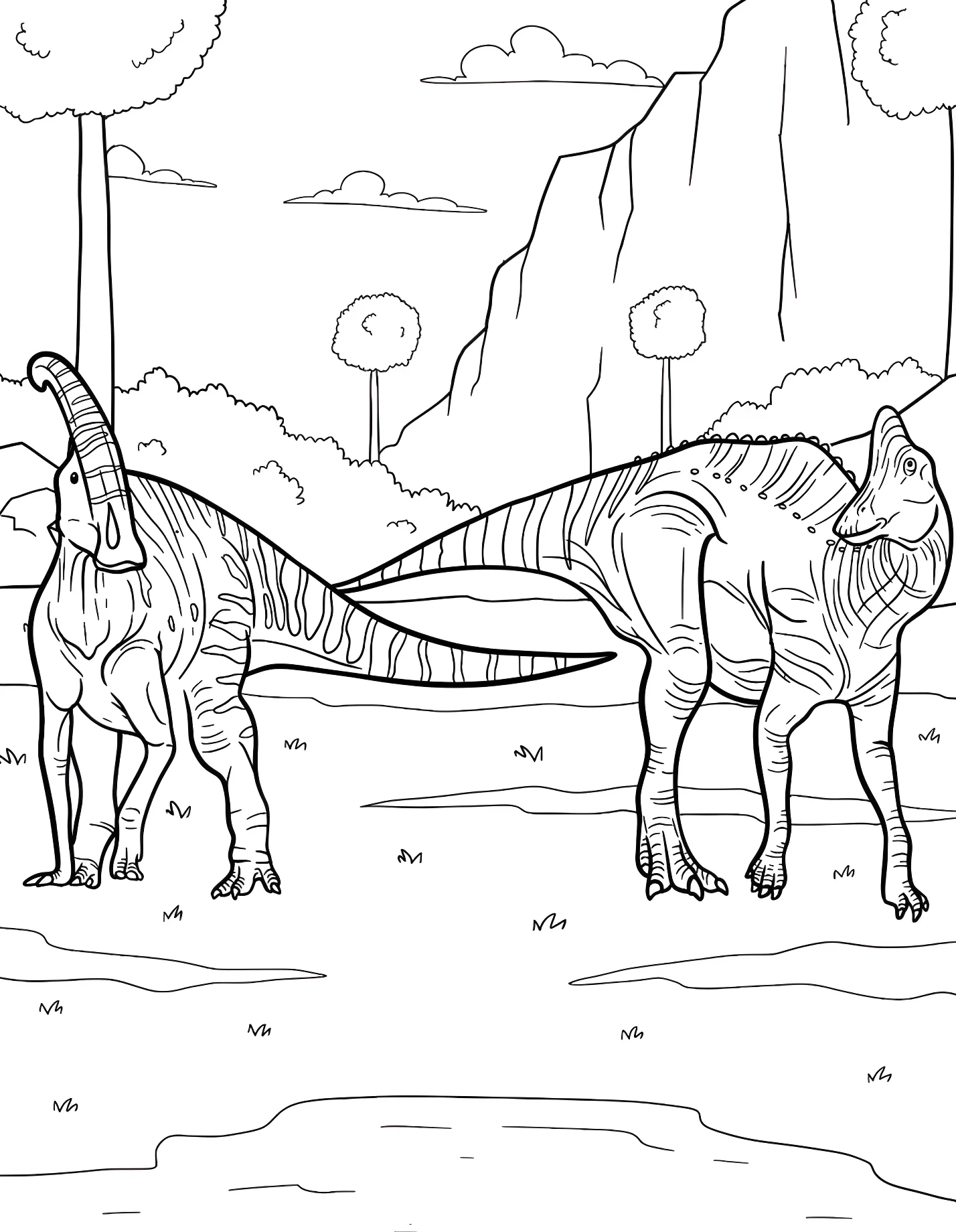 Два патагозавры на лугу №21493. Динозавры. Паразавролоф (Parasaurolophus).