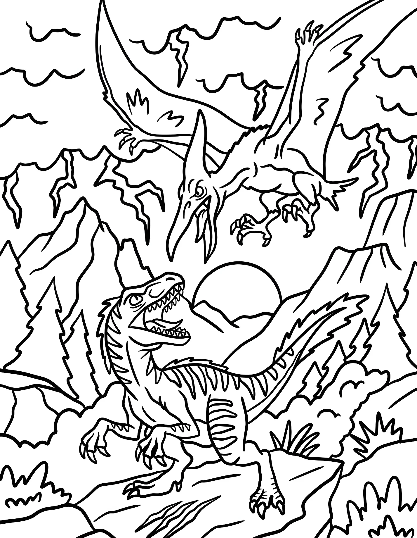 Велоцираптор и птерозавр в горах №21676. Динозавры. Велоцираптор (Velociraptor).
