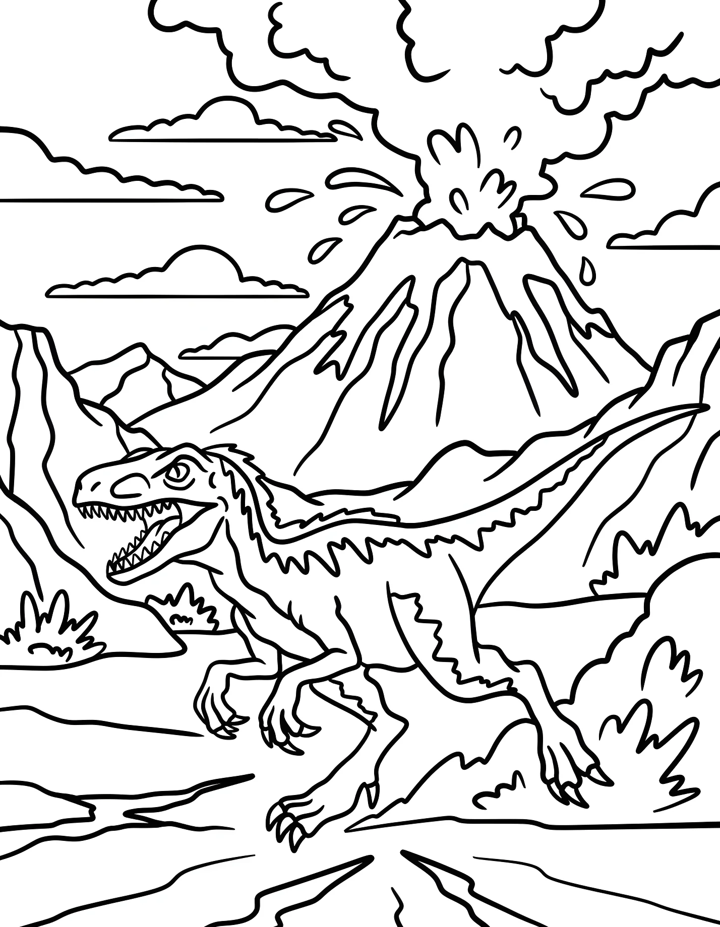 Велоцираптор бежит мимо вулкана №21680. Динозавры. Велоцираптор (Velociraptor).