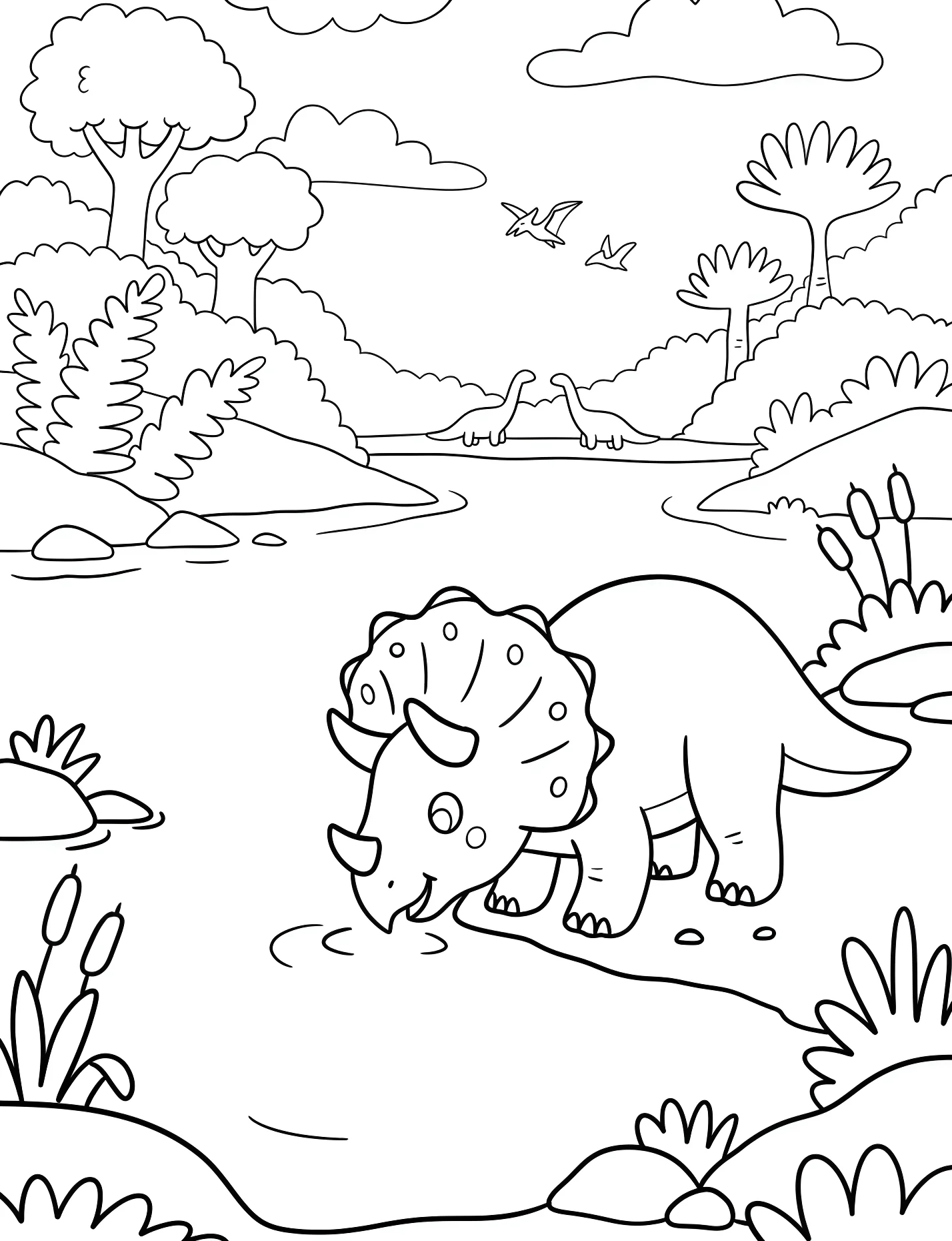 Милый трицератопс пьет воду из реки №21641. Динозавры. Трицератопс (Triceratops).