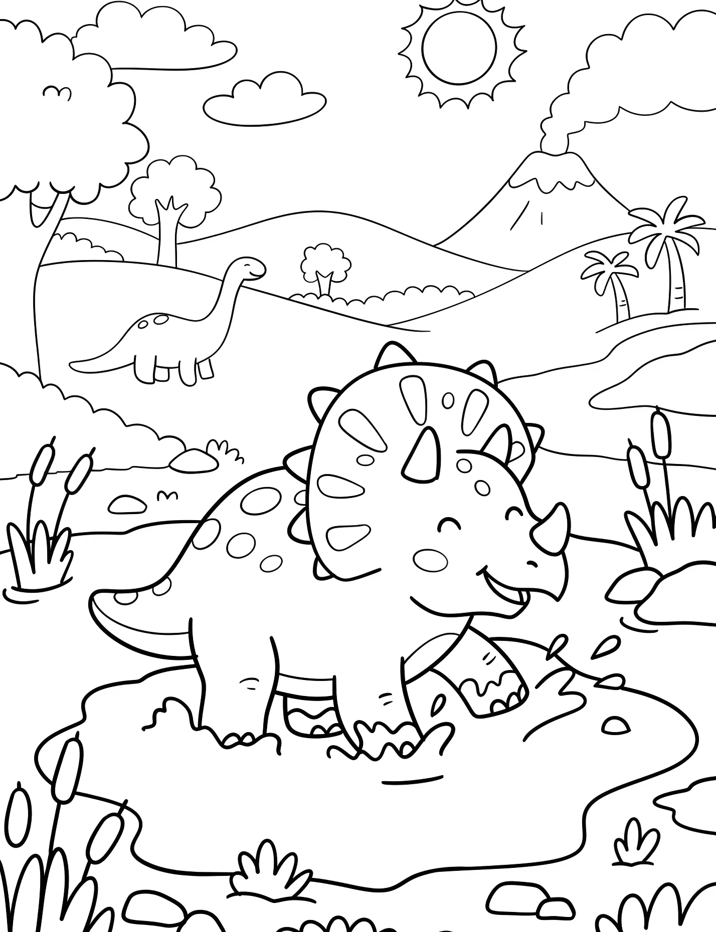 Веселый трицератопс у пруда №21642. Динозавры. Трицератопс (Triceratops).