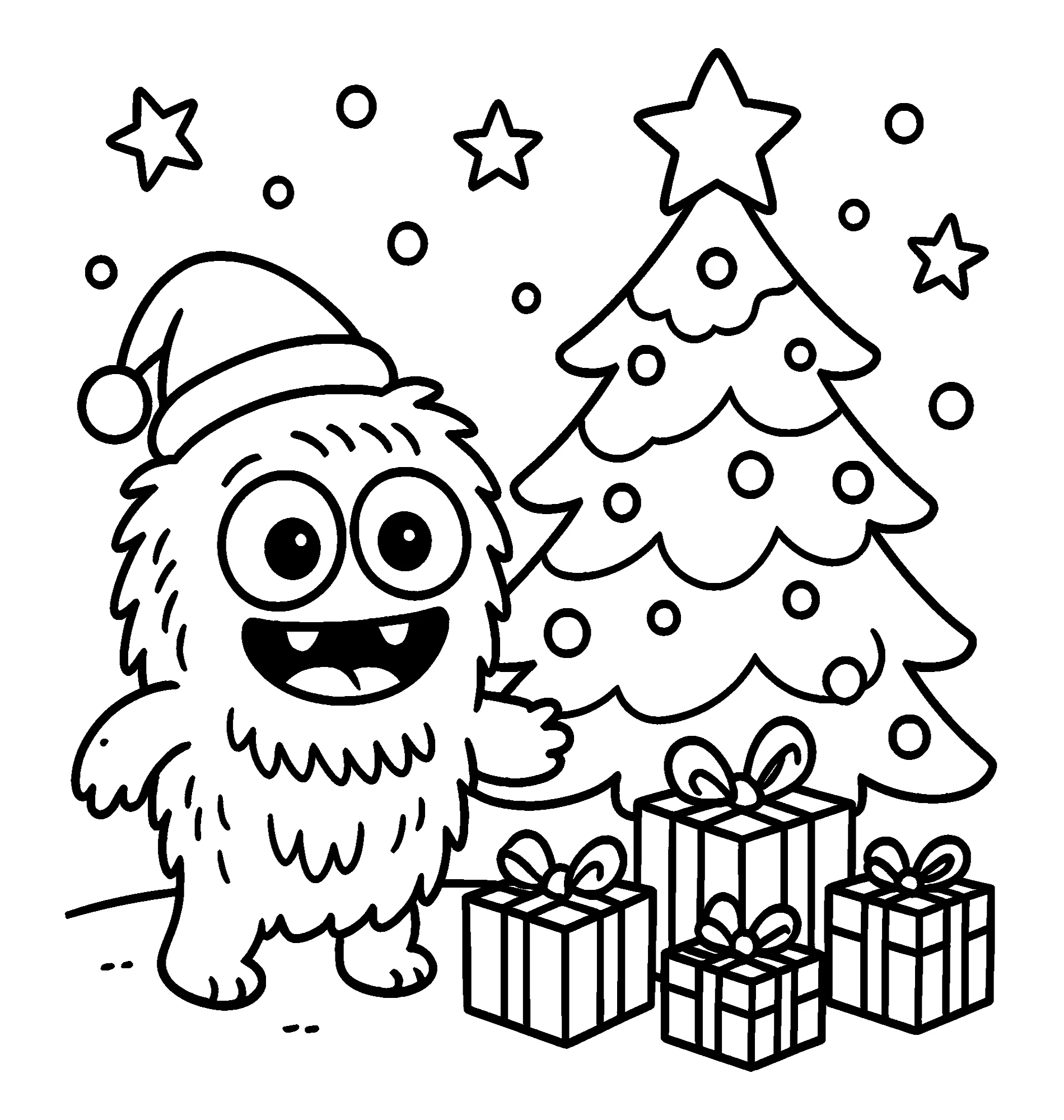 Милый монстр возле ёлки с подарками, картинка раскраска №16853. Раскраски по возрастам и полу. Раскраски для детей 4 и 5 лет.