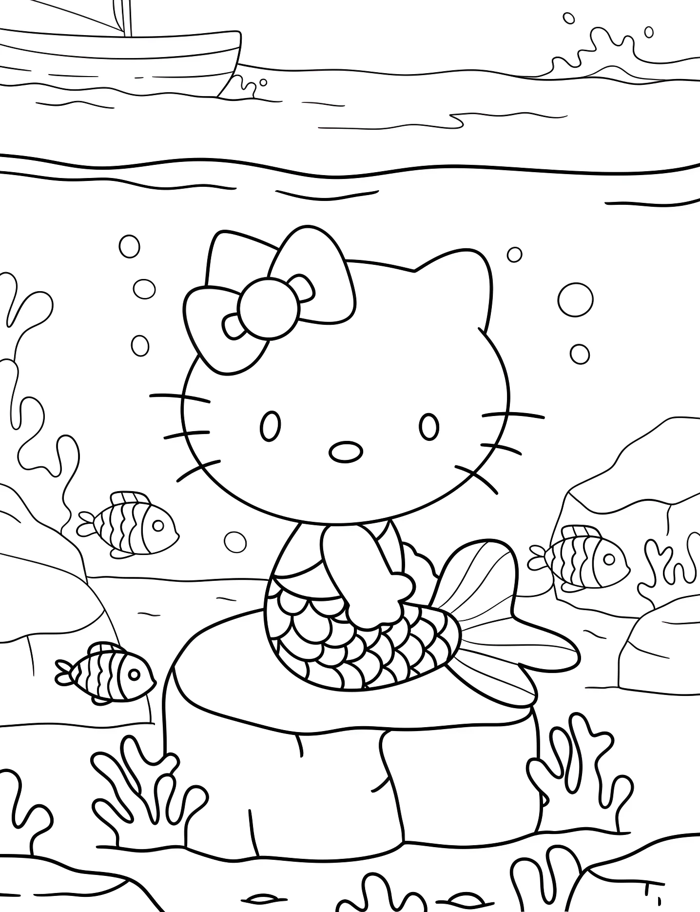 Милая Hello Kitty русалочка отдыхает на камне №8718. Раскраски для девочек по категориям. Русалка (Mermaid).