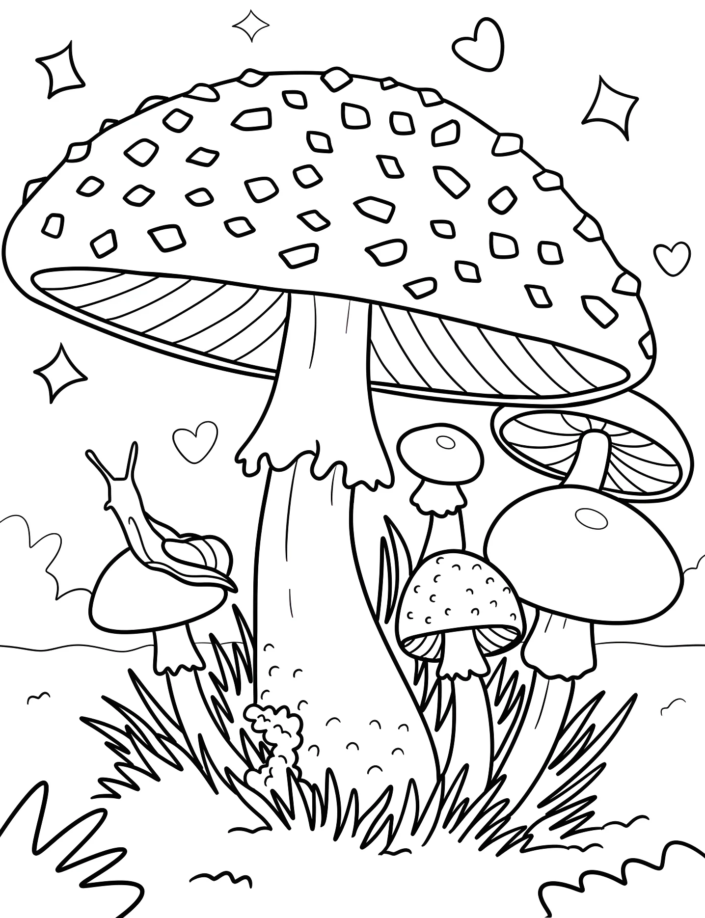 Мухомор с улиткам №8900. Раскраски для девочек по категориям. Гриб (Mushroom).