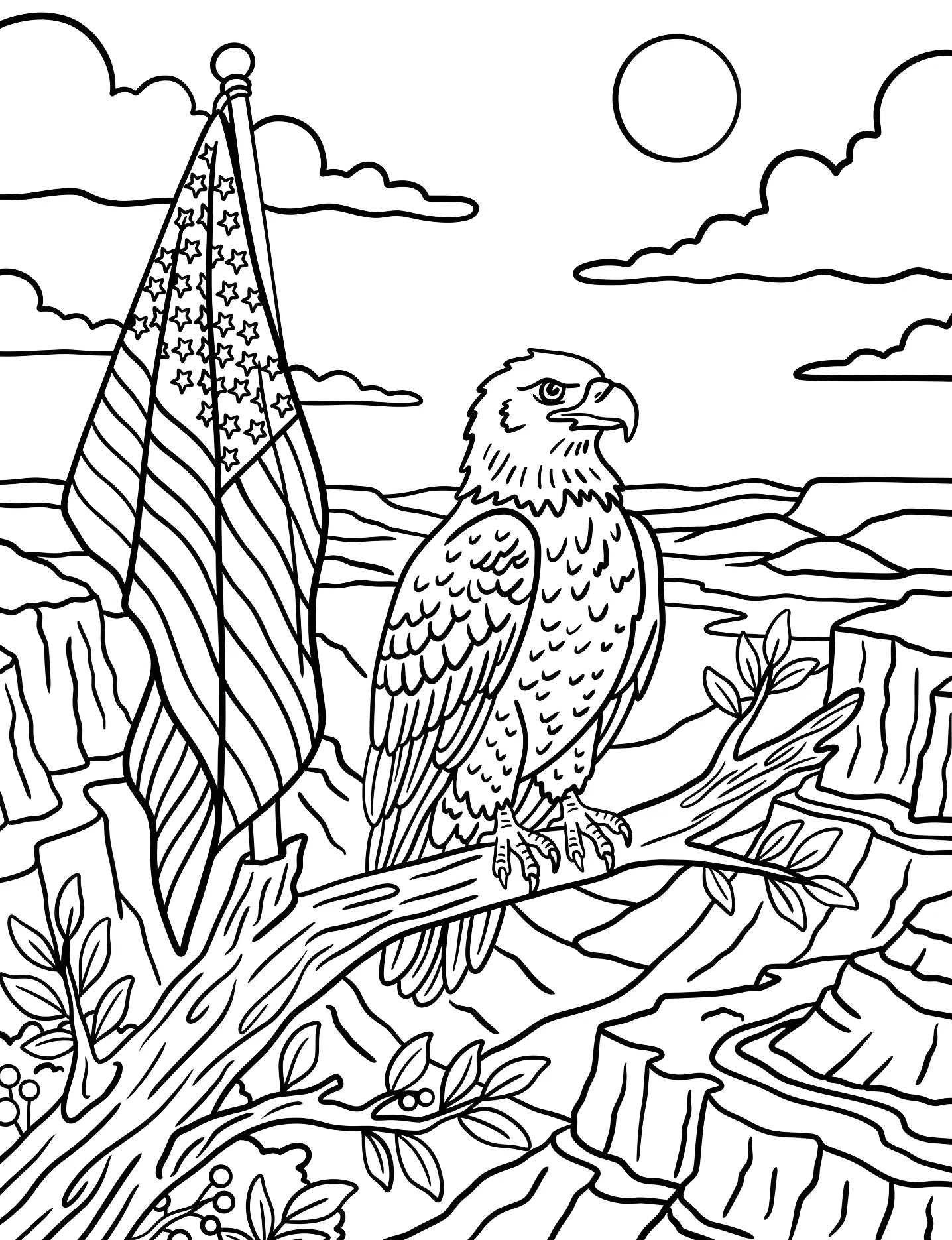 Белоголовый орлан и американский флаг №5366. Раскраски для девочек по категориям. Американский флаг (American Flag).