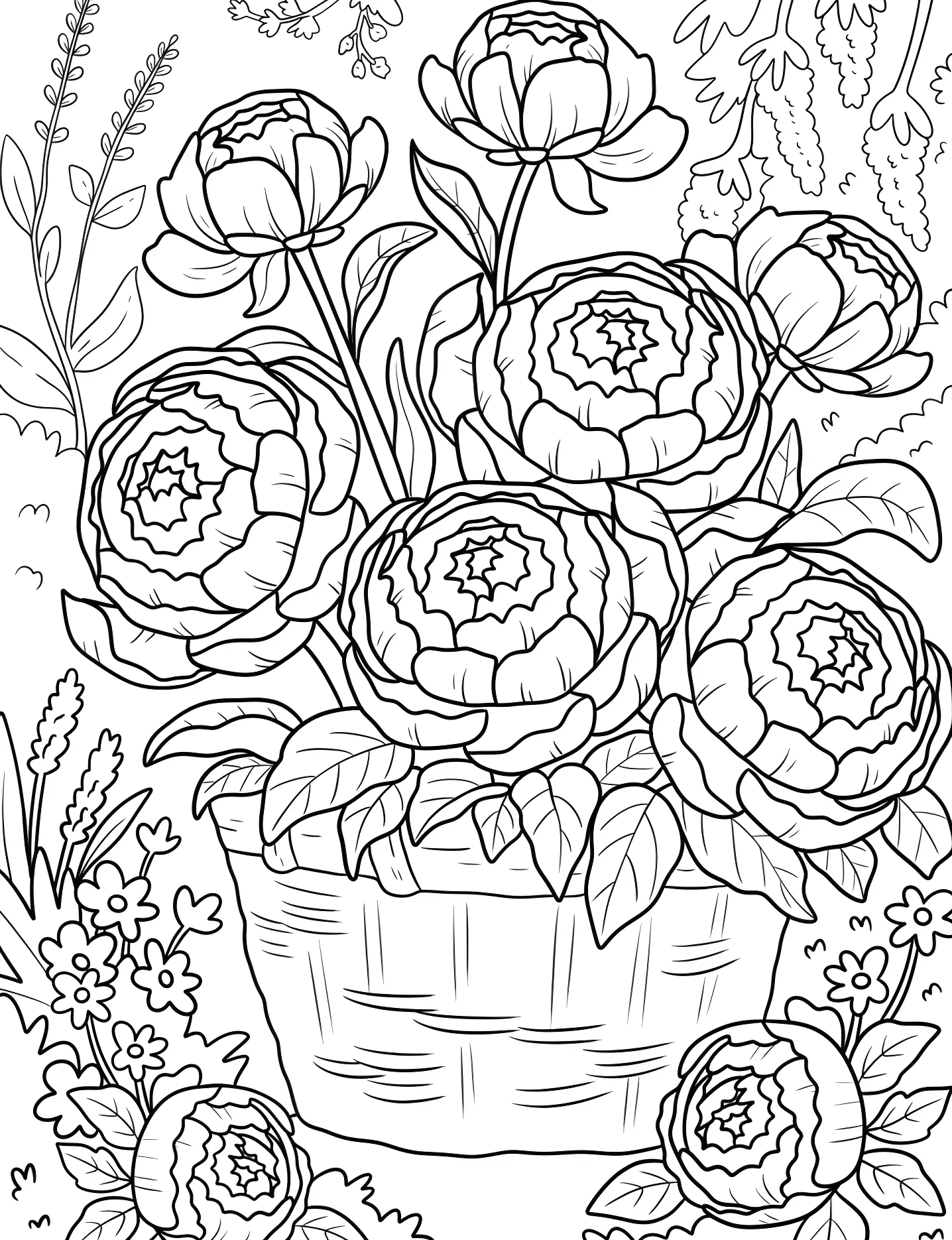 Пионы в корзине №7509. Раскраски для девочек по категориям. Цветы (Flower).