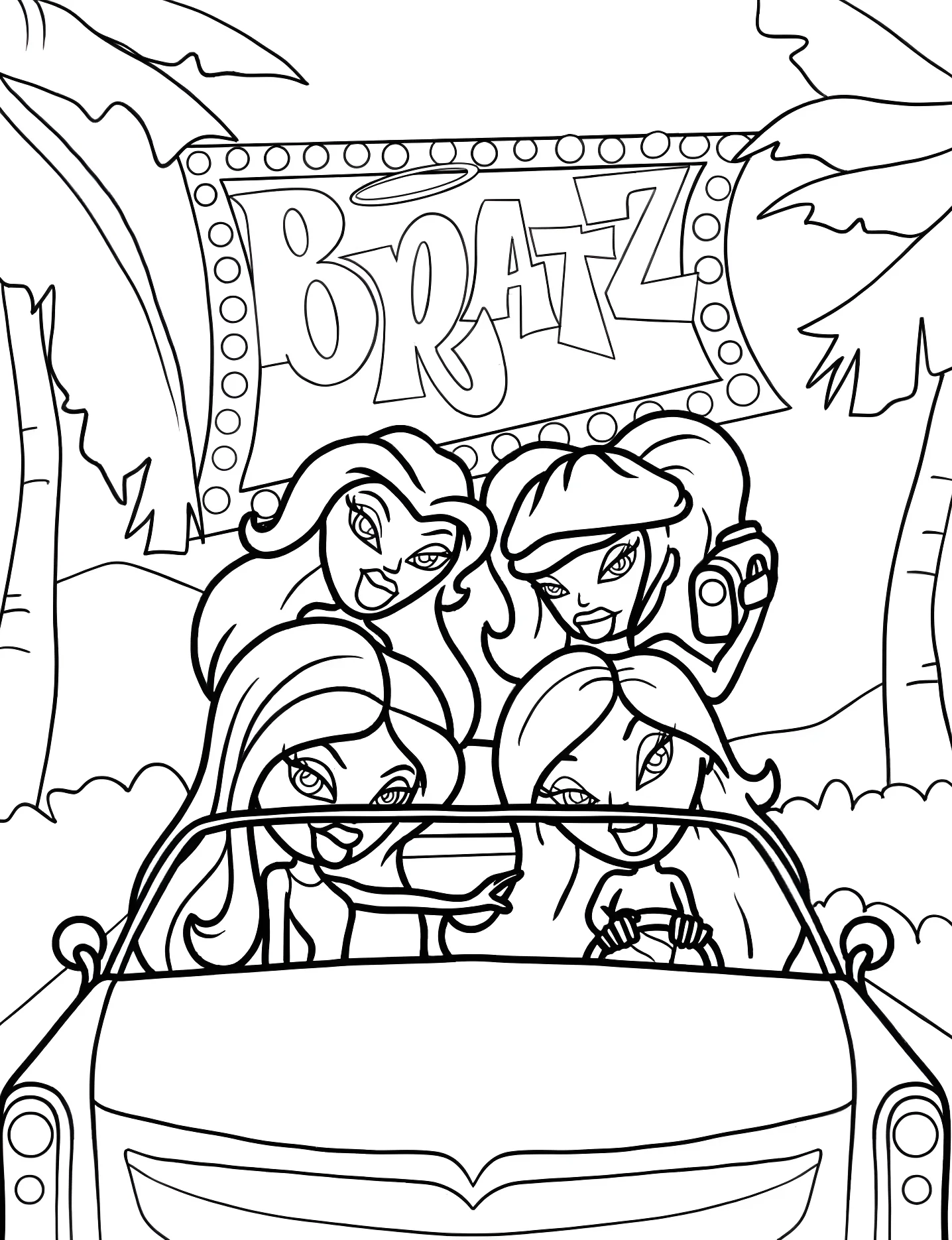 Куколки Bratz едут в автомобиле №5710. Раскраски для девочек по категориям. Братц (Bratz).